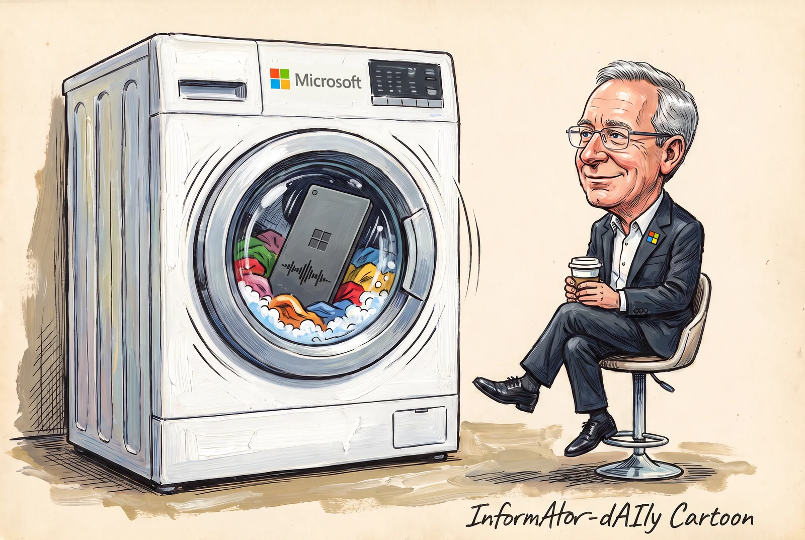 Cartoon: a washing machine bearing the Microsoft logo spins a Microsoft AI device among colourful laundry and foam, while Brad Smith, the company's president, watches calmly from a stool with a coffee in hand. It plays on his remark that a washing machine is subject to more safety rules than AI.