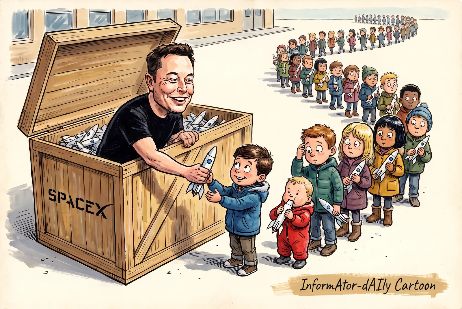 Cartoon: Elon Musk leans out of a huge wooden crate bearing the SpaceX name and full of toy rockets, handing one to a boy at the front of a line of children that stretches to the horizon; the children stare at their rockets, unsure what to do with them, and a toddler chews his. It pokes fun at his promise to give a SpaceX share to every child in the United States.