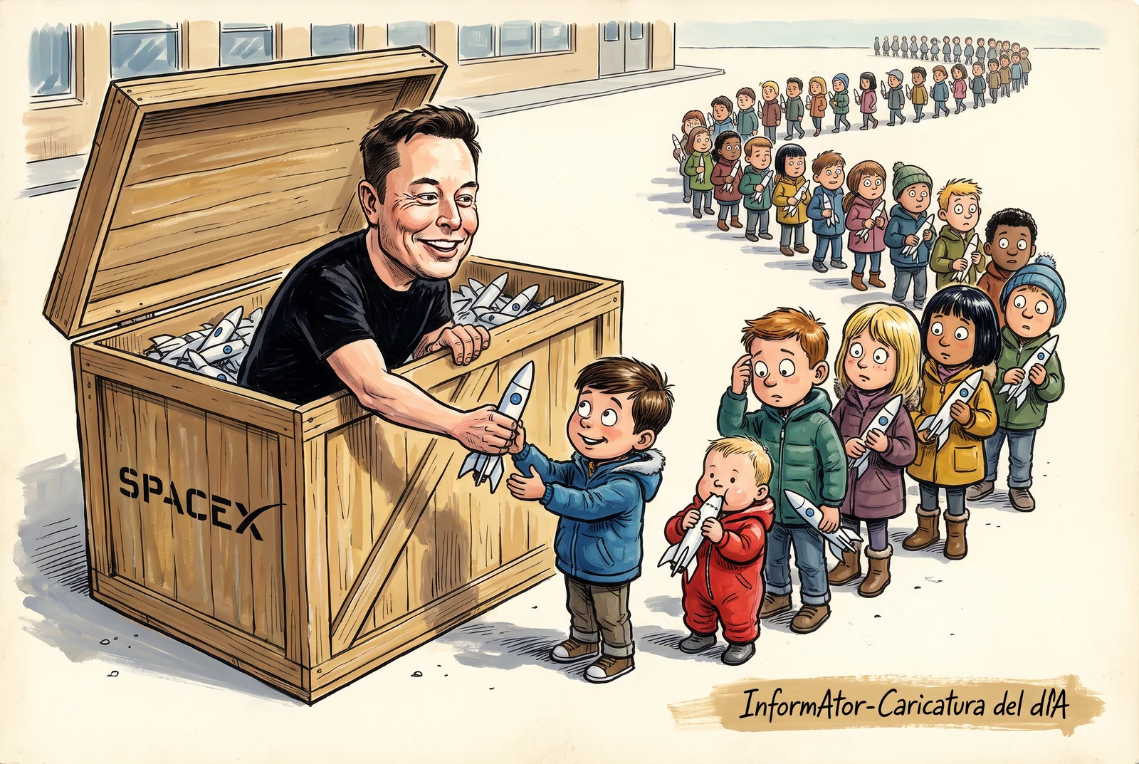 Caricatura: Elon Musk, asomado a un enorme cajón de madera con el rótulo de SpaceX y lleno de cohetes de juguete, entrega uno a un niño al principio de una fila de críos que se pierde en el horizonte; los niños miran su cohete sin saber qué hacer con él y un bebé lo muerde. Ironiza sobre su promesa de dar una acción de SpaceX a cada niño de Estados Unidos.