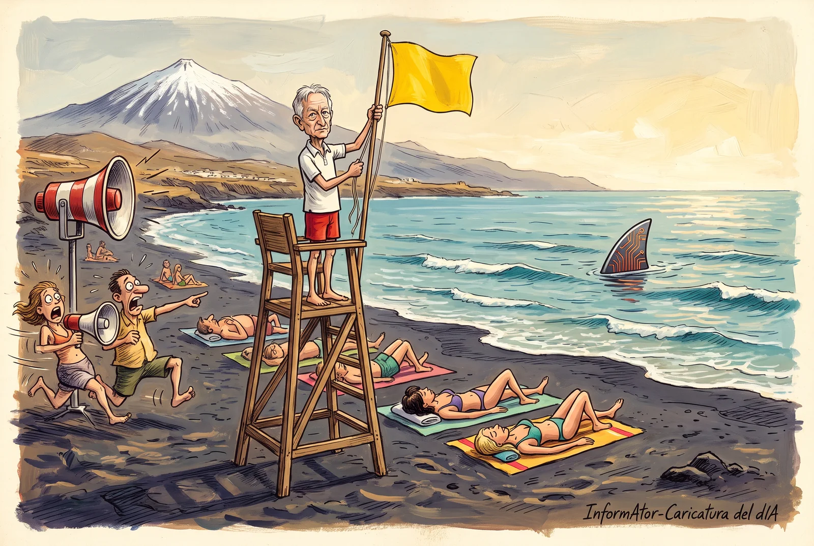 Caricatura: en una platja de sorra negra de Tenerife, amb el Teide nevat al fons, Geoffrey Hinton, de socorrista dalt de la seva cadira, hissa amb calma una bandera groga mentre els banyistes continuen estirats al sol; al mar treu el cap una sola aleta metàl·lica amb circuits i, a l'esquerra, dues persones fugen esvalotades amb un megàfon al costat d'una sirena. Ironitza sobre el seu avís a Starmus que el risc de catàstrofe per la IA és «més d'un 1 %»: ni pànic ni calma, cautela.