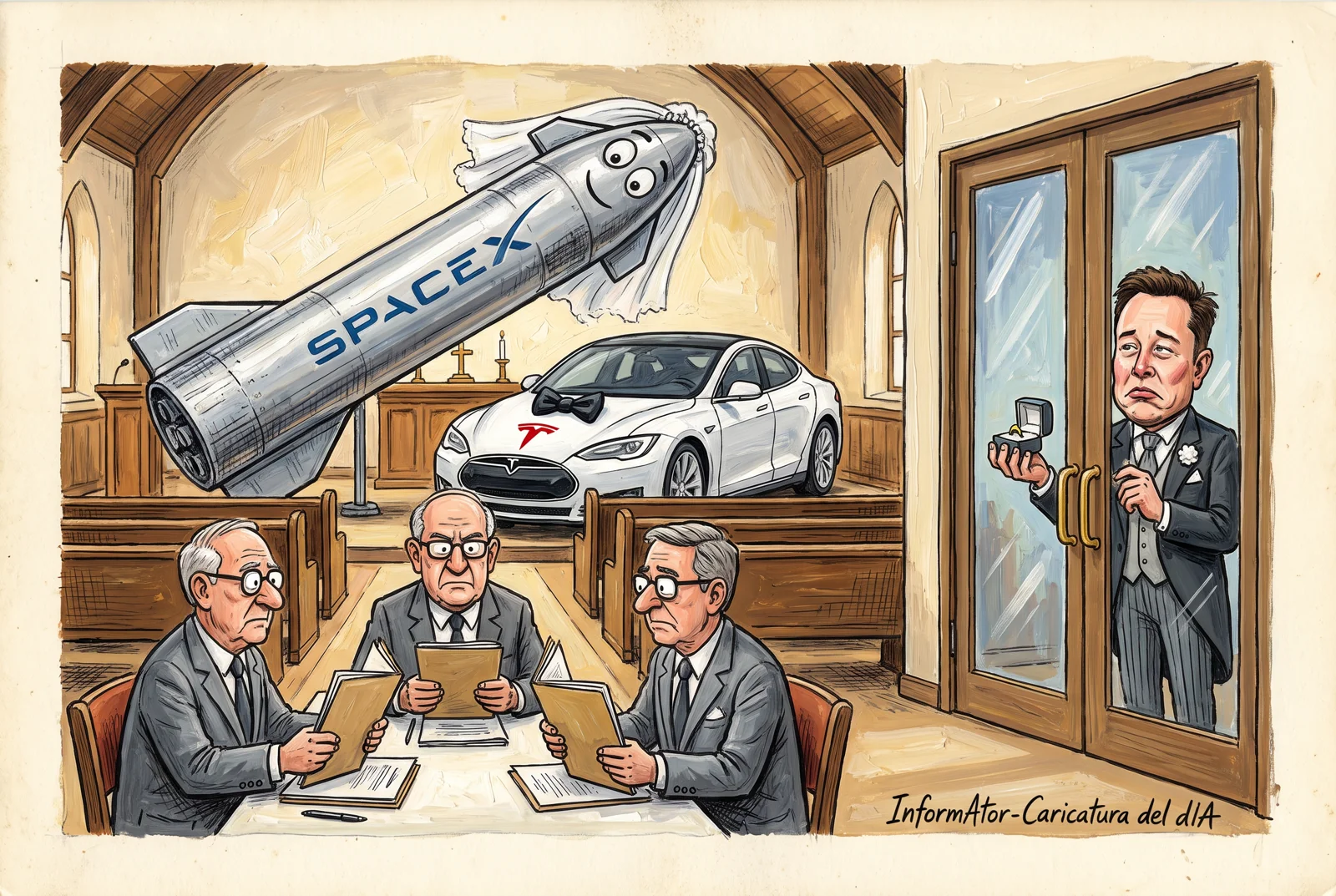 Caricatura: en una capella, un coet amb el logotip de SpaceX i vel de núvia i un cotxe blanc de Tesla amb corbatí esperen a l'altar, mentre tres consellers amb vestit gris deliberen amb les seves carpetes a la taula de l'oficiant; a l'altra banda de la porta de vidre, Elon Musk, amb jaqué i l'estoig dels anells a la mà, mira des de fora. Al·ludeix als comitès de consellers independents que estudien la fusió de SpaceX i Tesla sense ell.