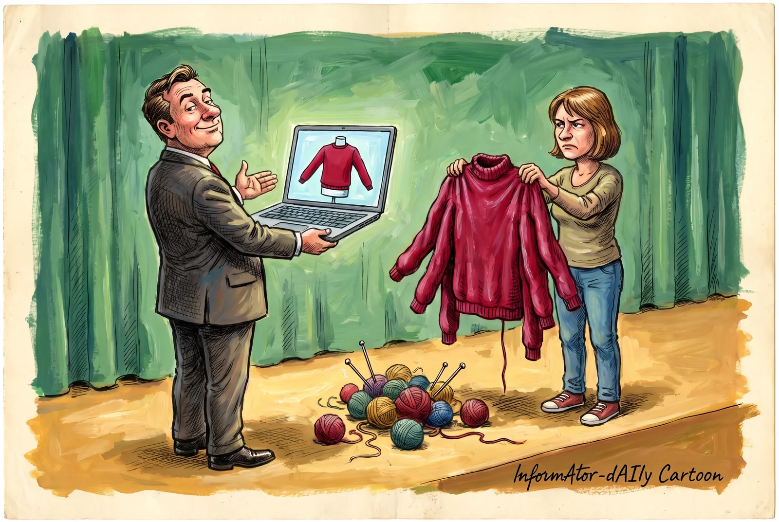 A seller shows a two-sleeved sweater on a laptop while a customer holds a sweater with several extra empty sleeves, on a stage with yarn and knitting needles.