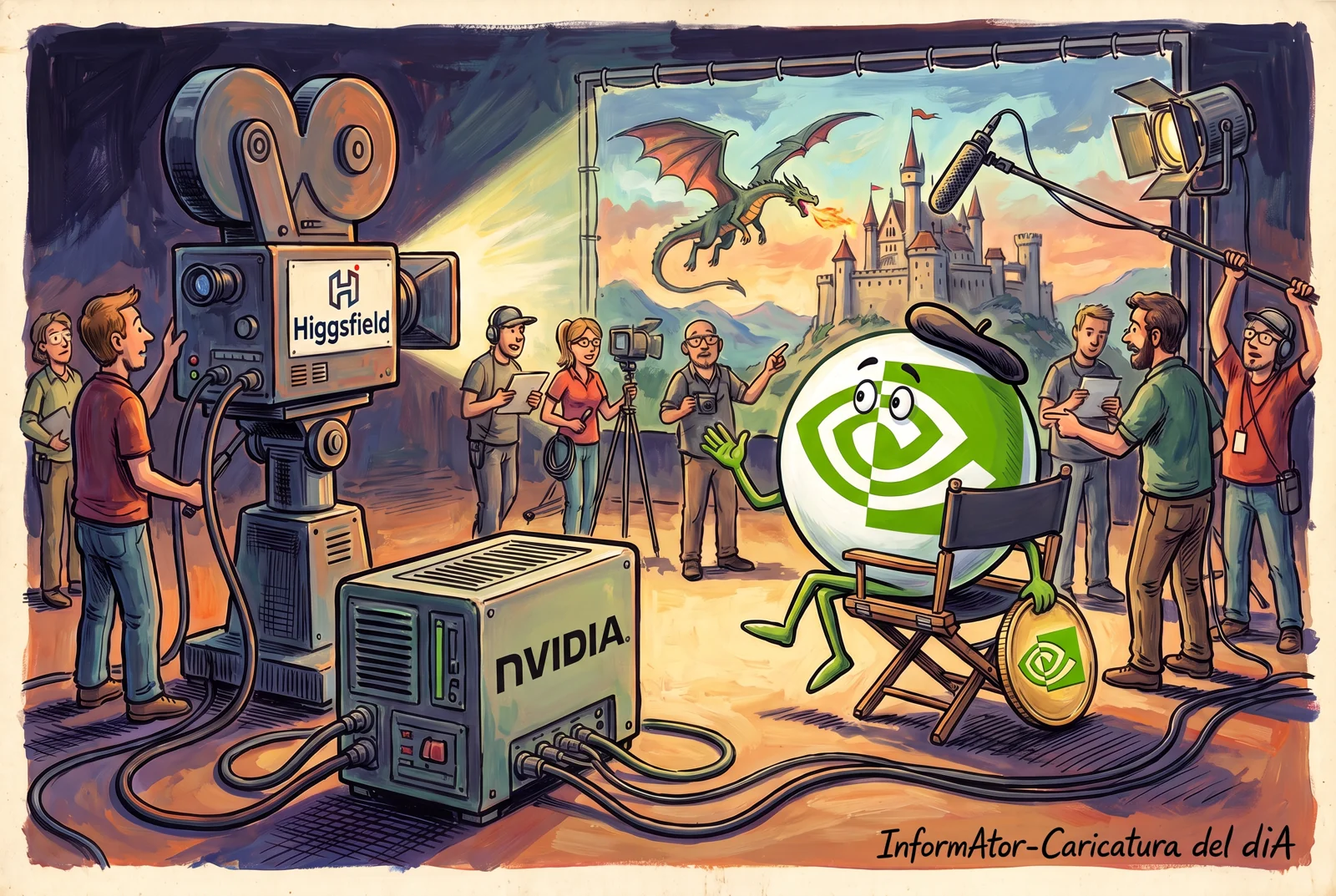 La mascota de Nvidia ocupa una cadira de productor al costat de l’equip de càlcul que alimenta una càmera d’Higgsfield en un rodatge.