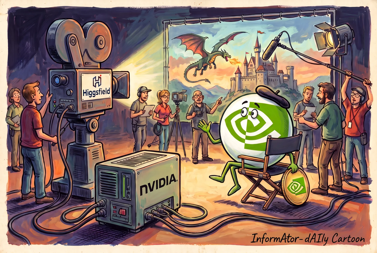 The Nvidia mascot sits in a producer’s chair beside computing equipment powering a Higgsfield camera on a film set.