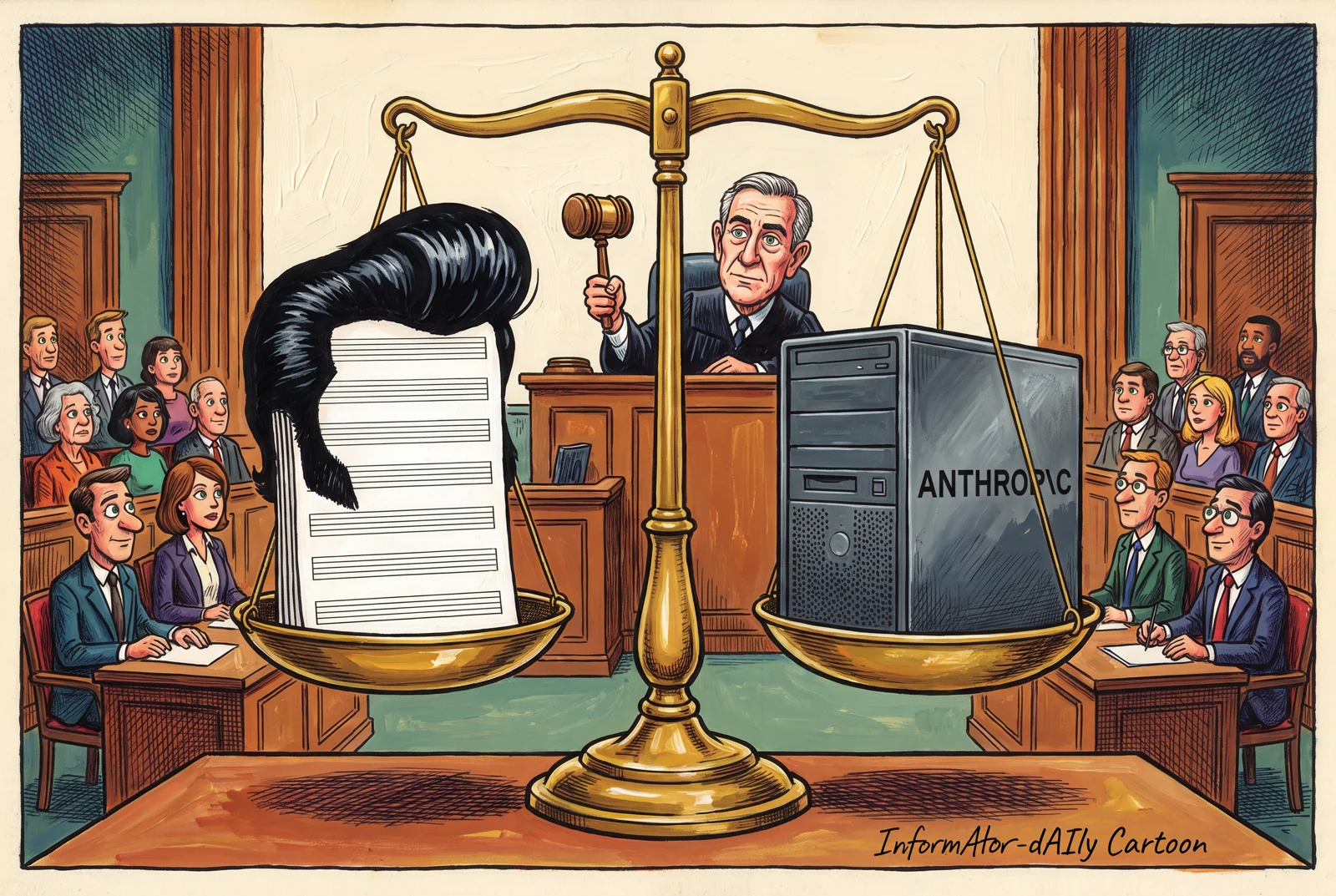 A scale of justice balances sheet music with Elvis's quiff against an Anthropic server; the judge holds his gavel suspended.
