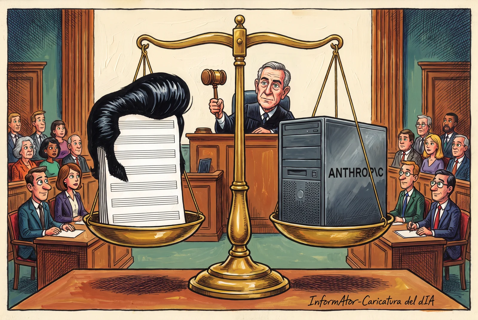 Una balanza judicial equilibra partituras con el tupé de Elvis y un servidor de Anthropic; el juez mantiene el mazo suspendido.