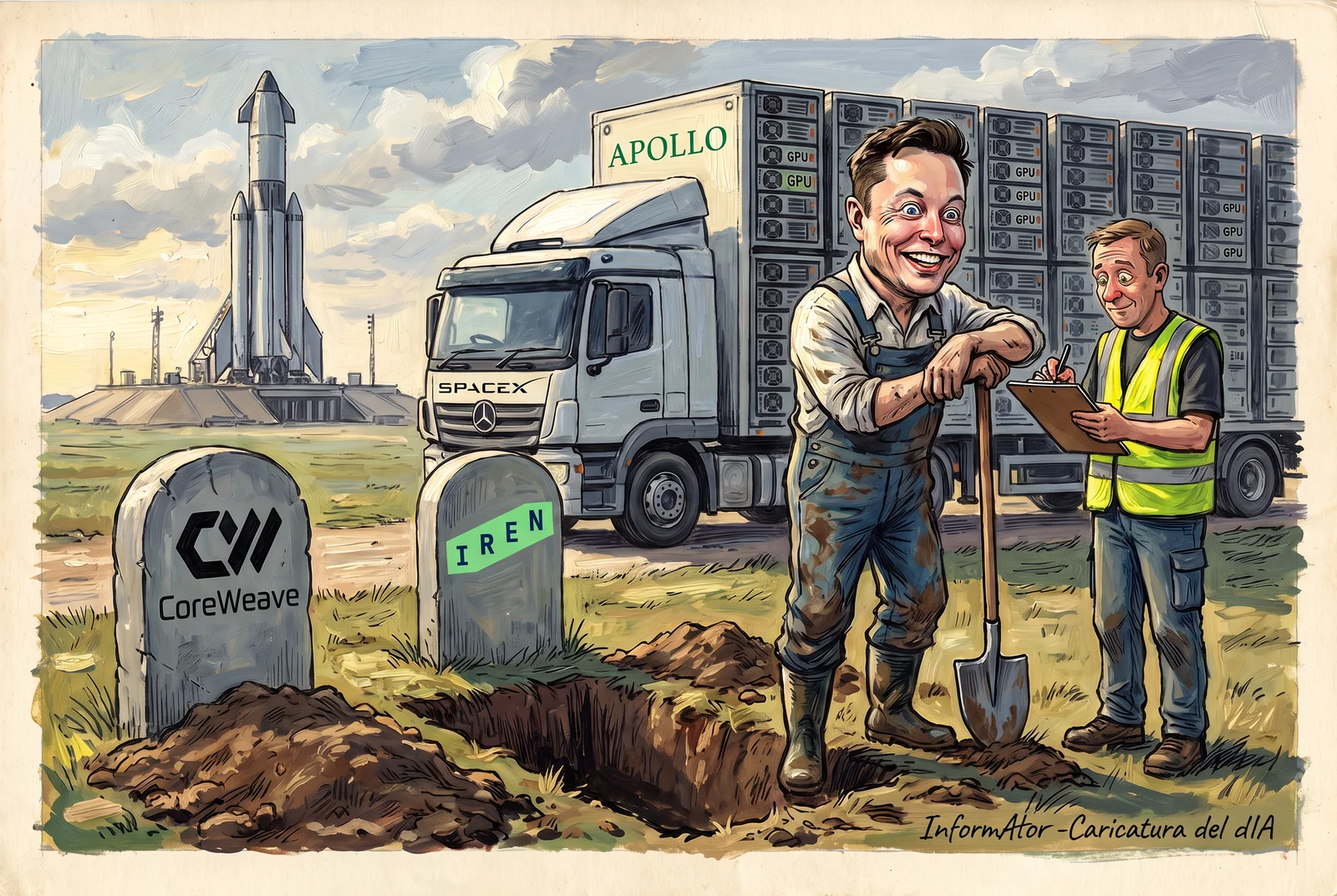 Elon Musk, d'enterramorts i amb la pala recolzada, somriu al costat de dues tombes amb els logos de CoreWeave i IREN mentre signa el lliurament d'un camió de SpaceX i Apollo carregat de GPU, amb un coet al fons.