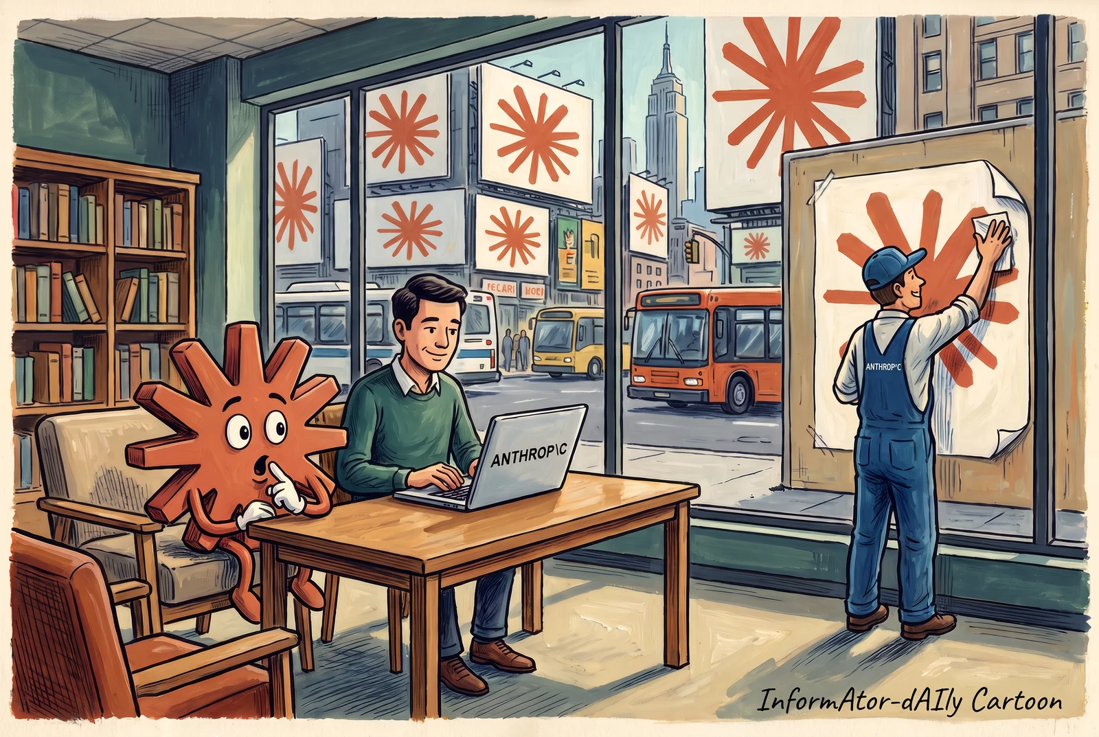 In a library, the Claude starburst, drawn as a character, raises a finger to its lips as it sits beside a reader working on his laptop, while through the window billboards show the Claude logo and an Anthropic worker pastes up another huge poster bearing the same logo.