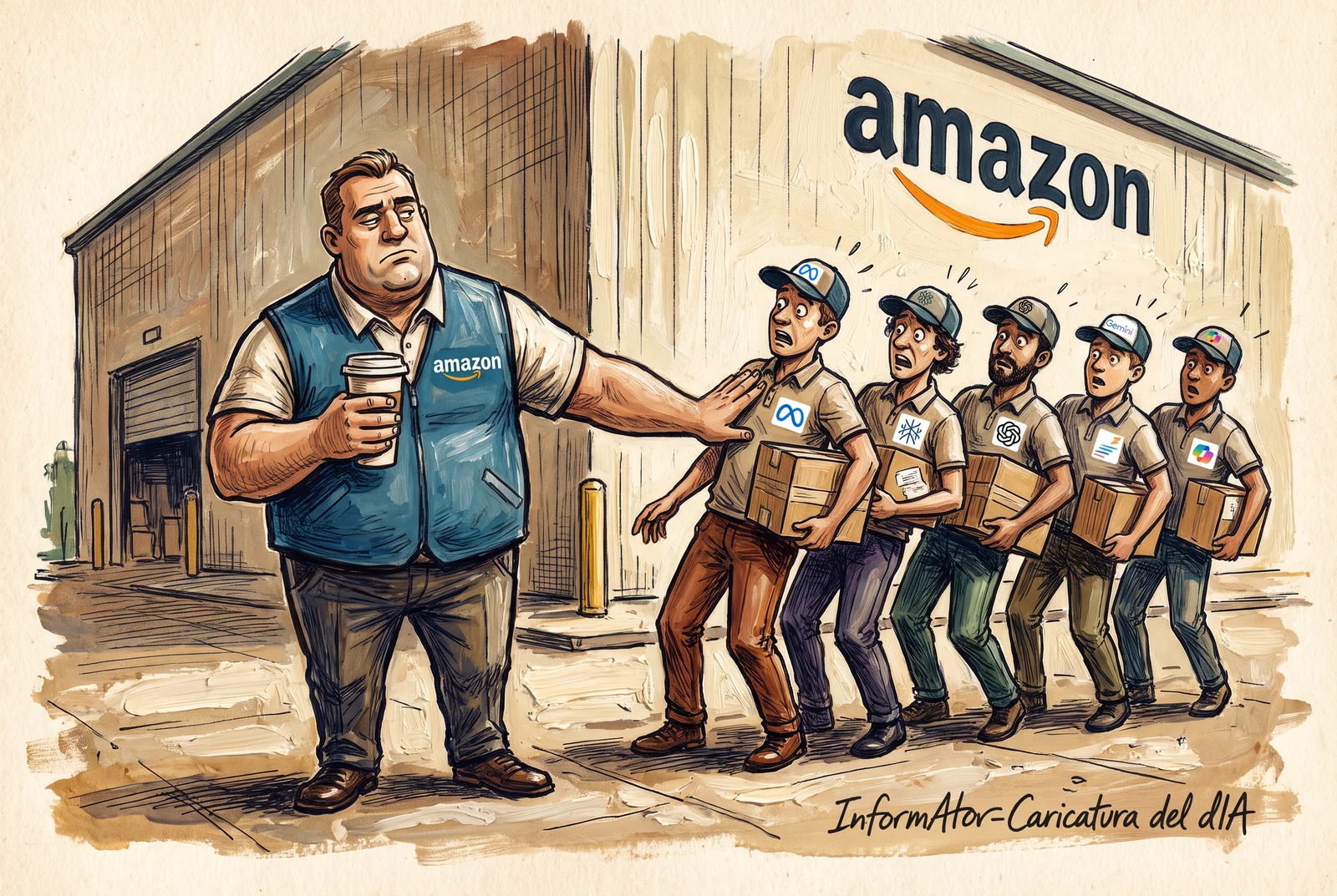 Un portero corpulento con chaleco de Amazon, con un café en una mano, frena sin esfuerzo con la otra a una fila de cinco repartidores con paquetes y los logos de Meta, Perplexity, OpenAI, Gemini y Copilot.