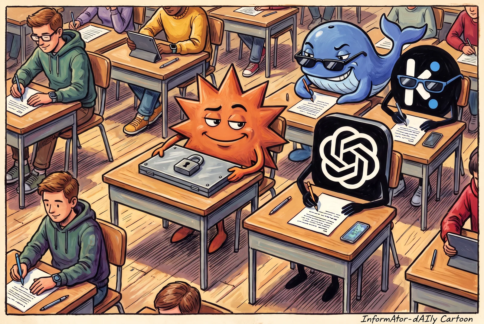 A classroom during an exam: the Claude spark, drawn as a pupil, covers its paper with a padlocked metal lid and smiles smugly; at the next desk, the OpenAI logo writes intently, while right behind it the DeepSeek whale and the Kimi logo, from Moonshot AI, wearing sunglasses, glance sideways at its paper as they write.
