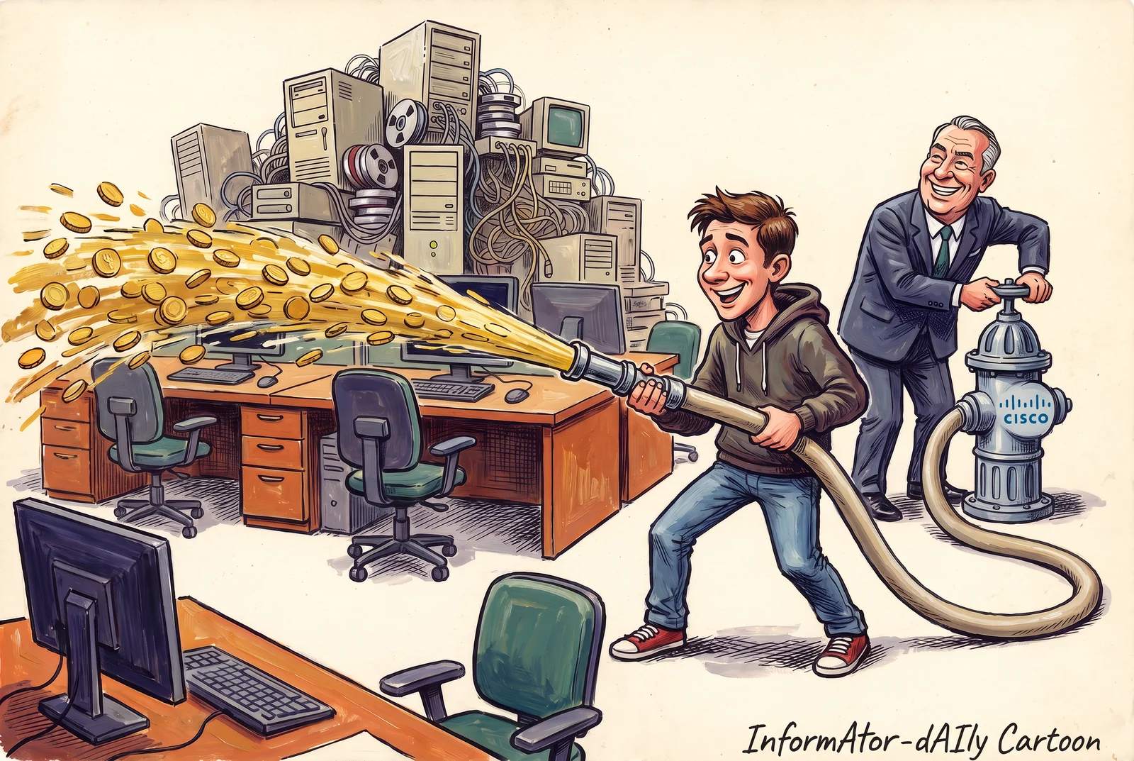 An office full of empty desks and, at the back, a mountain of old servers, cables and tape reels; in front, an excited lad in a hoodie aims a hose spewing a stream of golden tokens, while behind him a grinning suited executive opens wide the Cisco-branded fire hydrant that feeds it.