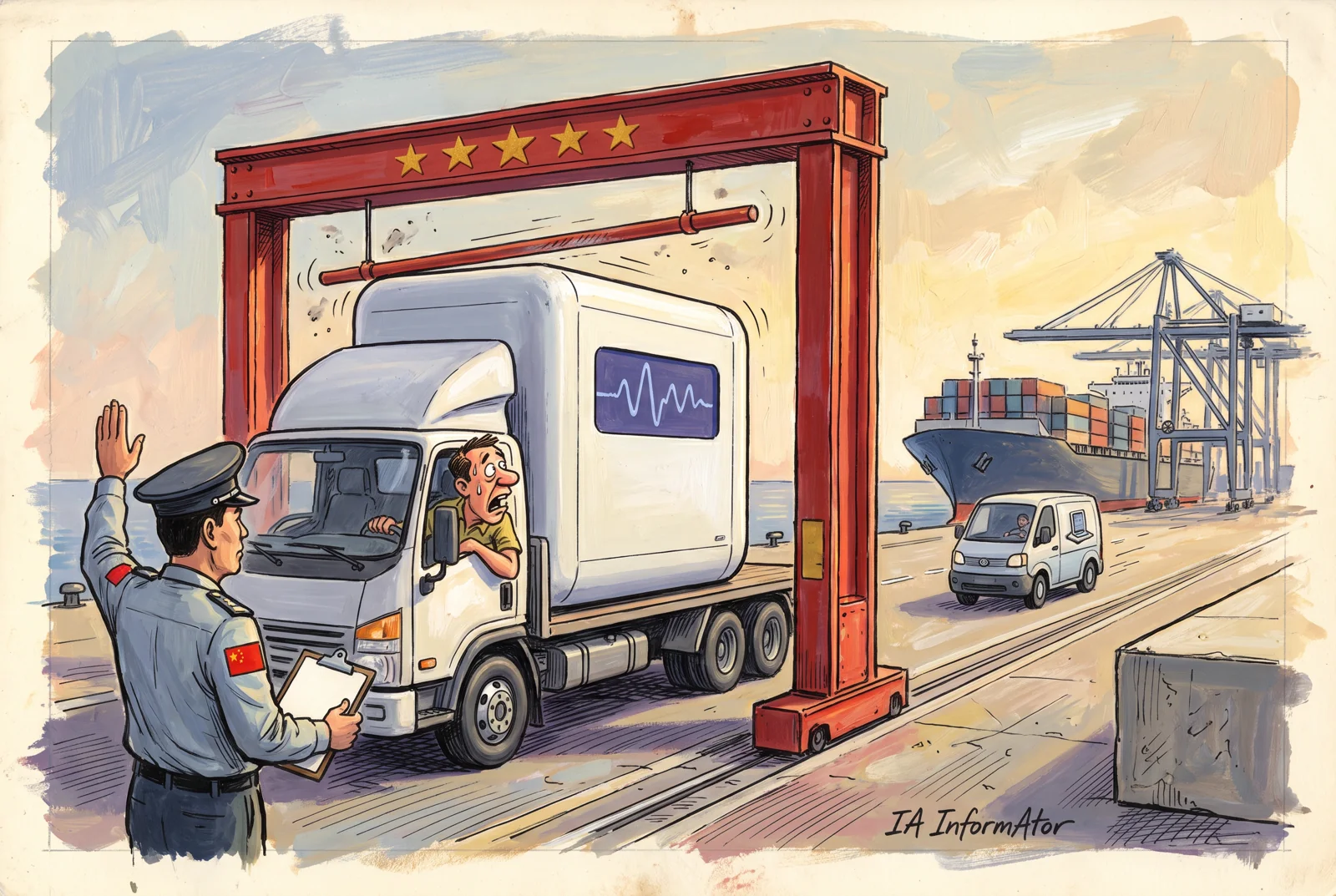 Il·lustració: a la sortida d'un port de contenidors xinès, un agent de duanes amb la bandera de la Xina a la màniga aixeca la mà davant d'un gàlib vermell amb cinc estrelles que atura un camió carregat amb una IA enorme, mentre una furgoneta petita circula pel carril del costat. Representa el control d'exportacions que la Xina proposa per als seus models d'IA més grans.
