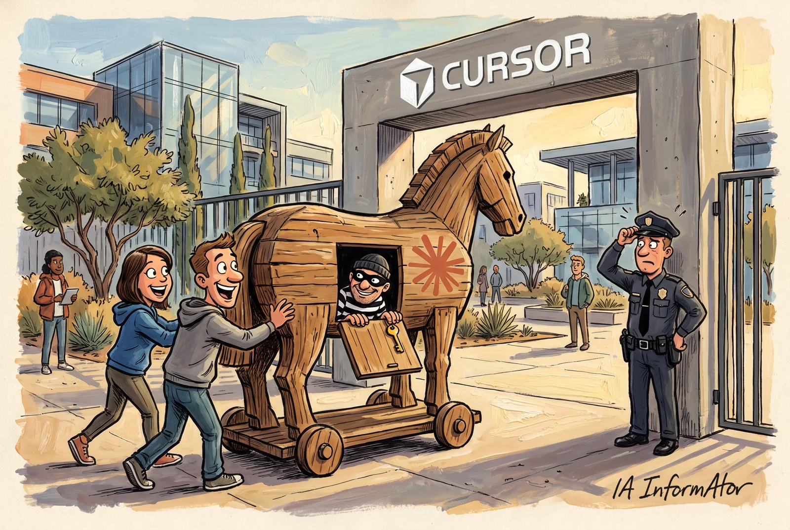 Ante la entrada de un campus moderno, bajo un arco con el logo de Cursor, una joven y un joven con sudadera empujan sonrientes un caballo de madera sobre ruedas con el destello de Claude pintado en el costado; por una trampilla del costado asoma un ladrón con antifaz y gorro que apoya las manos en el borde y sujeta una llave, mientras un vigilante de seguridad, junto a la verja, se rasca la cabeza desconcertado.