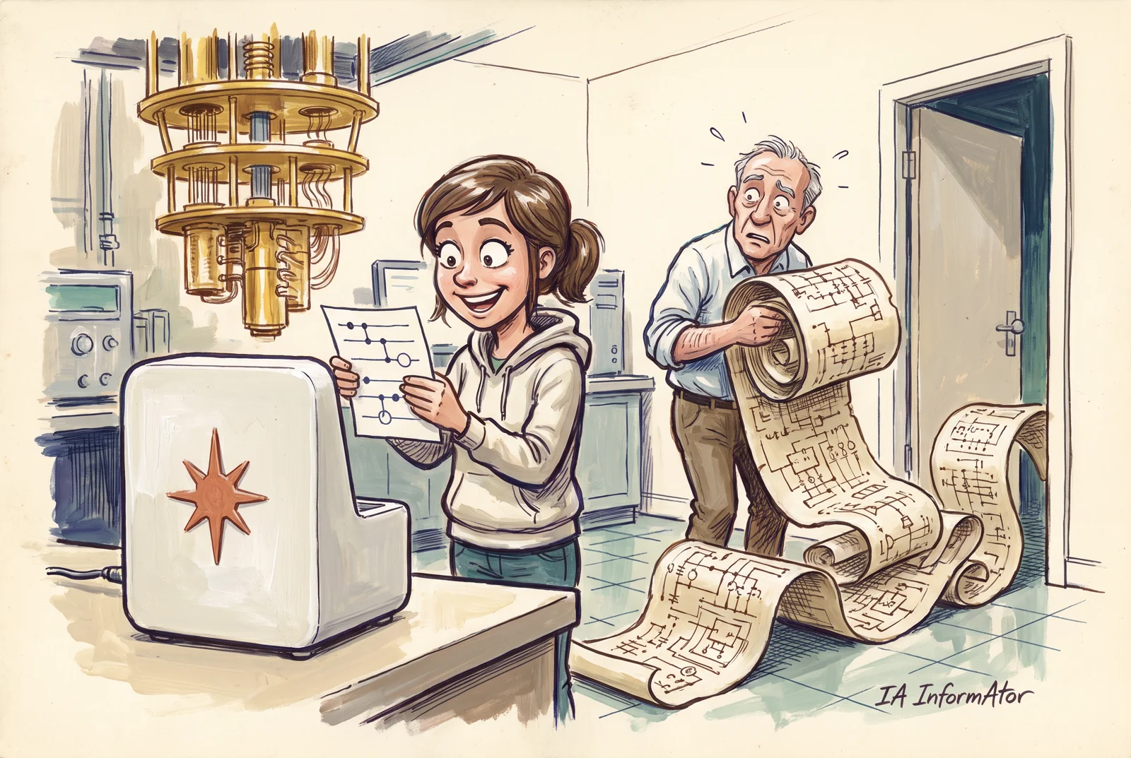 Ilustración: en un laboratorio cuántico, bajo el criostato dorado, una investigadora sonríe con una hoja corta de circuito que acaba de salir de un aparato blanco con el destello de Claude, mientras un colega, agobiado, sostiene el rollo interminable del diagrama antiguo, que se extiende por el suelo.