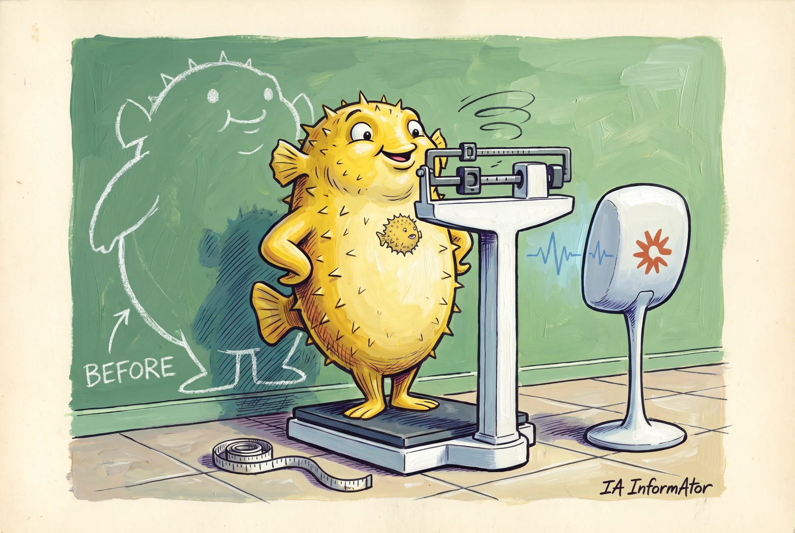 Ilustración: Puffy, el pez globo mascota de OpenBSD, sonríe subido a una báscula de consulta, más delgado que la silueta de tiza de su versión anterior dibujada en la pared, junto a un aparato blanco con el logotipo de Claude. Representa el recorte de en torno a una quinta parte del código que OpenSSH deja expuesto antes de autenticar, hecho con ayuda de Claude.