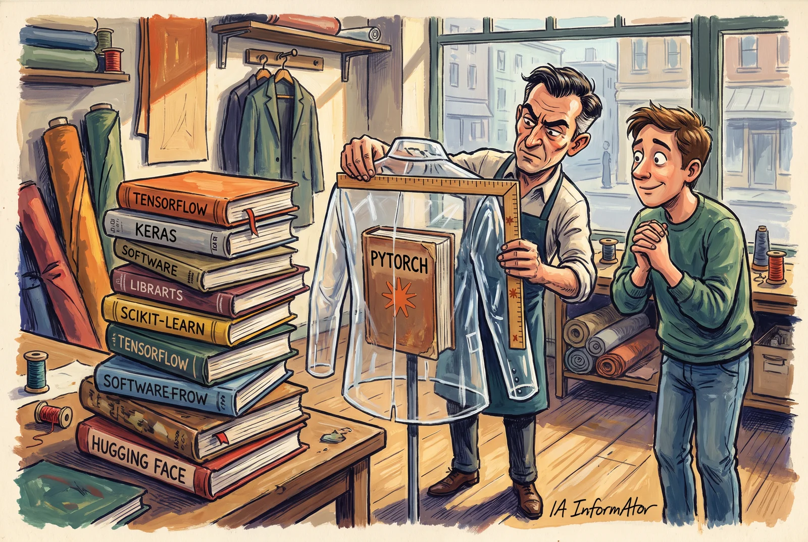 Un sastre mide una cubierta transparente alrededor de un libro mientras otra persona observa, junto a una pila de libros de software.