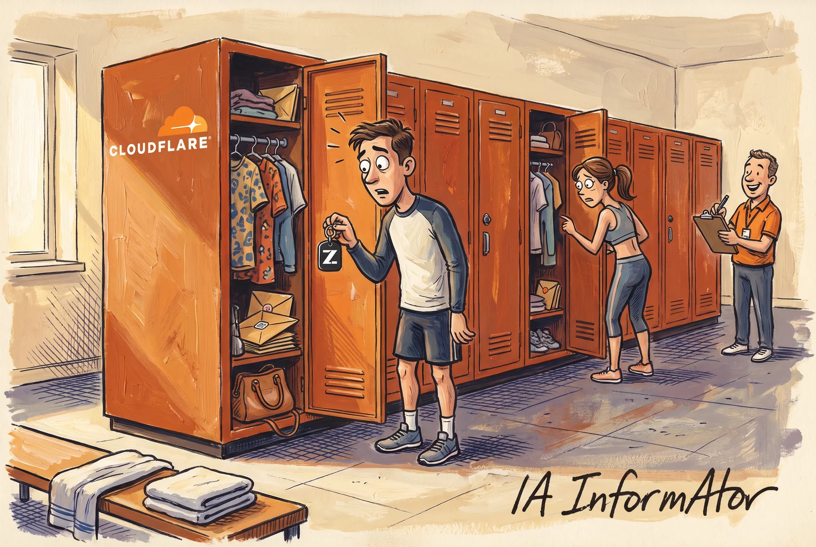 En un vestidor amb taquilles de Cloudflare, un usuari amb una clau de Z.ai obre la seva i la troba plena de roba i sobres d'altri; al fons, una altra usuària s'endú la mateixa sorpresa.