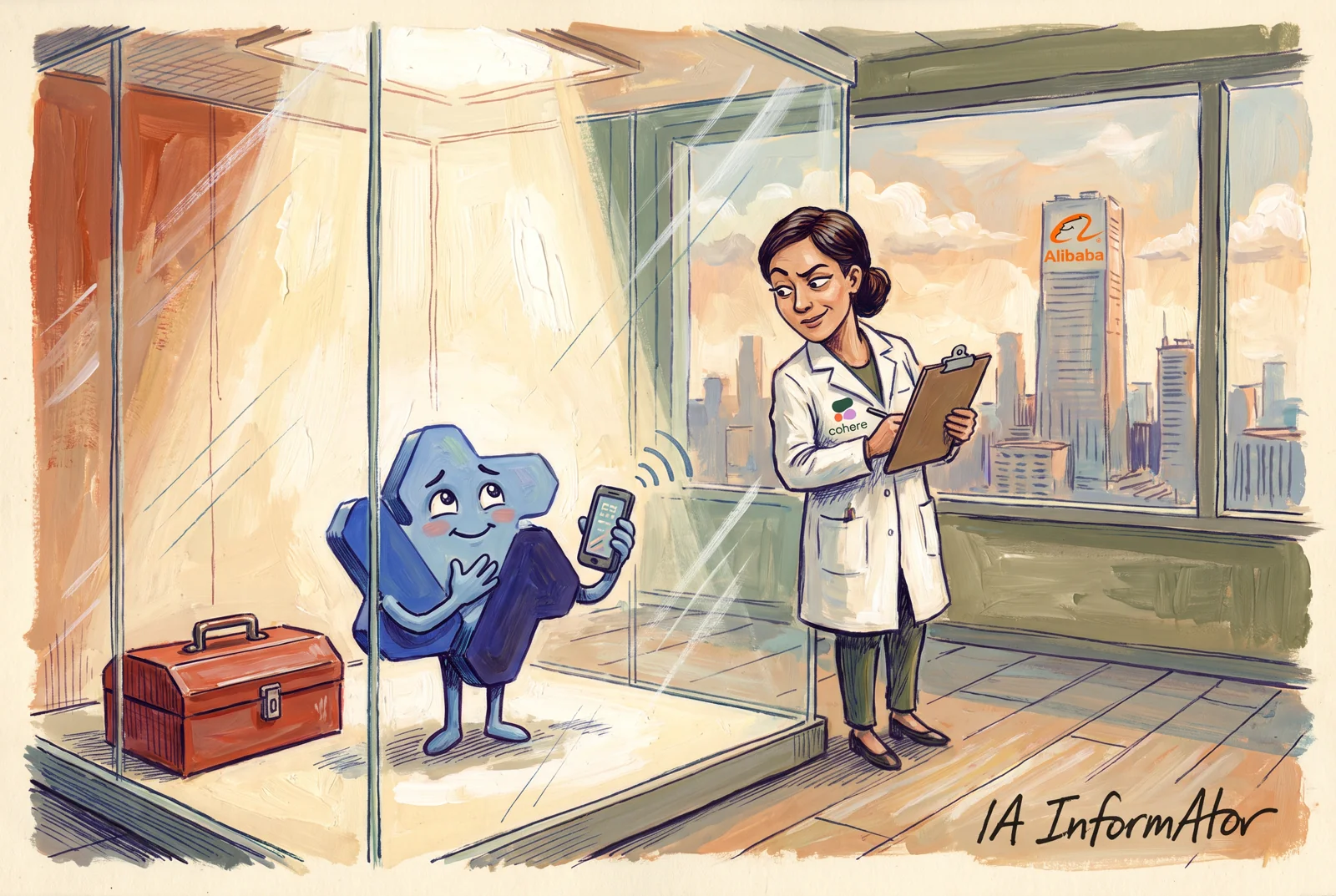 Dins d'una cabina de vidre, el logo de Qwen convertit en personatge es porta la mà al pit al costat d'una caixa d'eines tancada mentre sosté un mòbil que emet senyal; a fora, una investigadora de Cohere l'observa amb la seva carpeta de pinça i, per la finestra, es veu un gratacel d'Alibaba.