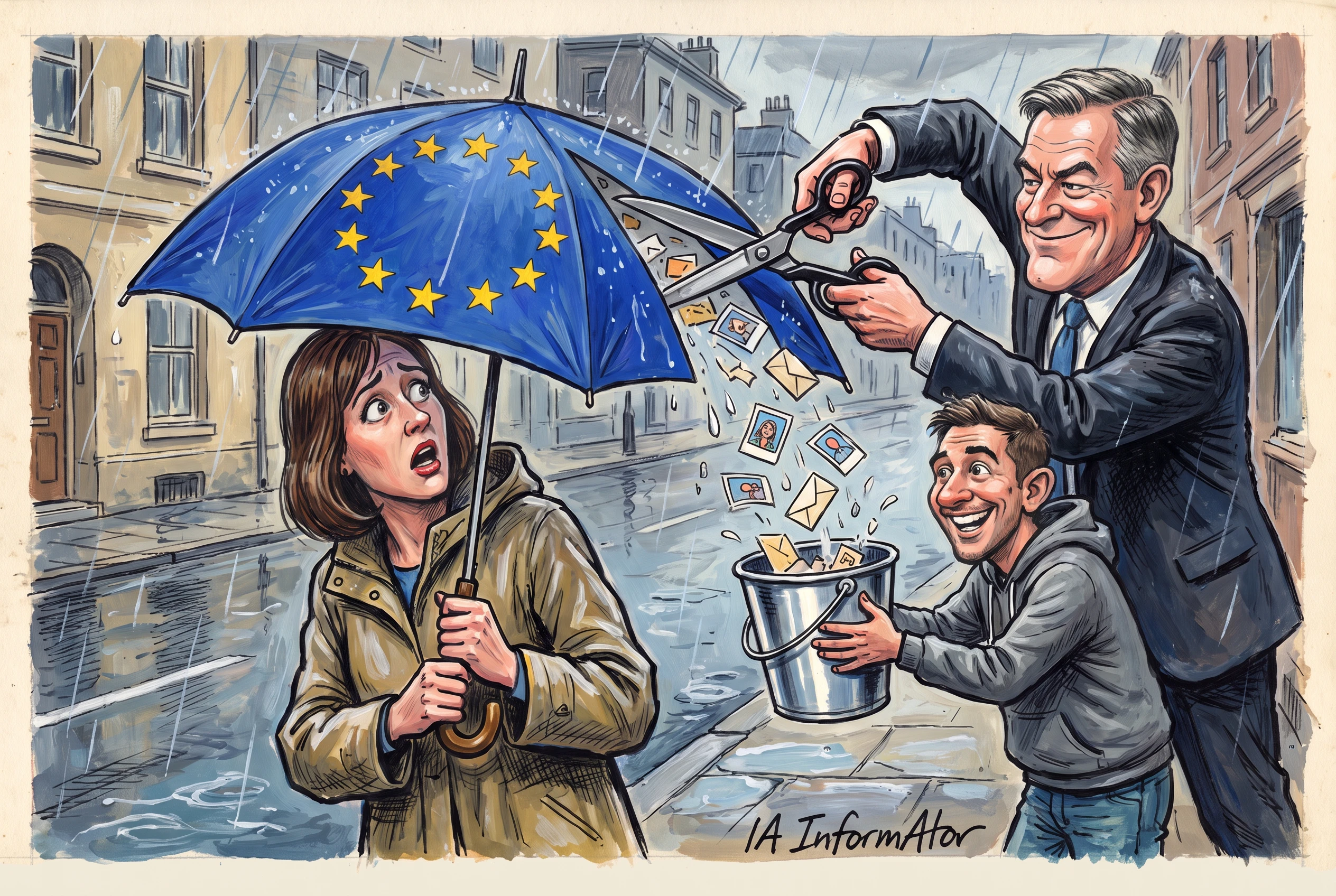 Sota la pluja, una dona s'arrecera preocupada amb un paraigua amb la bandera de la Unió Europea mentre un home amb vestit i somrient retalla amb unes tisores un tros de la tela, per on cauen fotos i sobres que un jove recull molt content en una galleda.