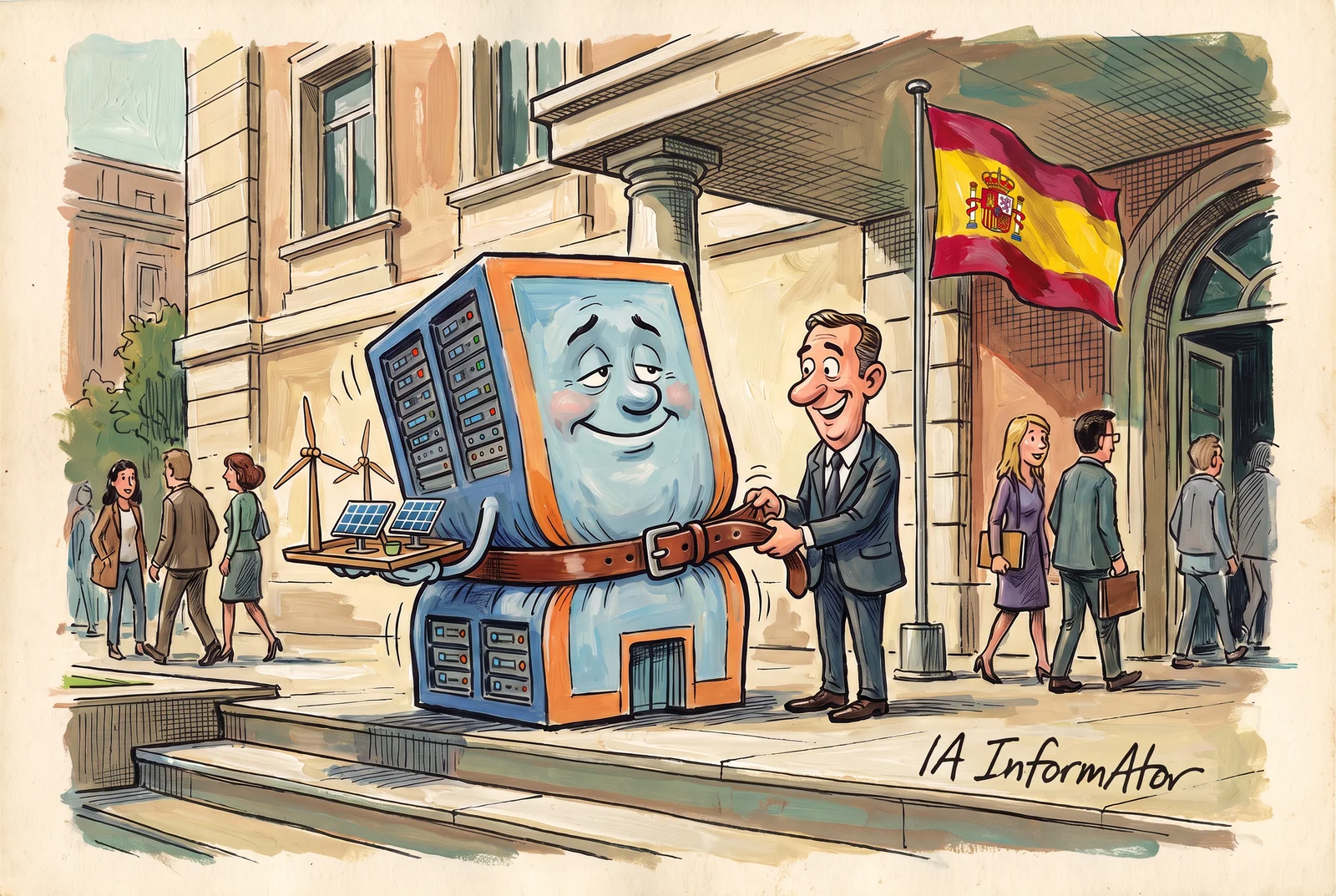Davant d'un edifici oficial amb la bandera d'Espanya, un funcionari afluixa el cinturó d'un centre de dades amb cara, que somriu alleujat amb una safata de molins de vent i plaques solars en miniatura a la mà.