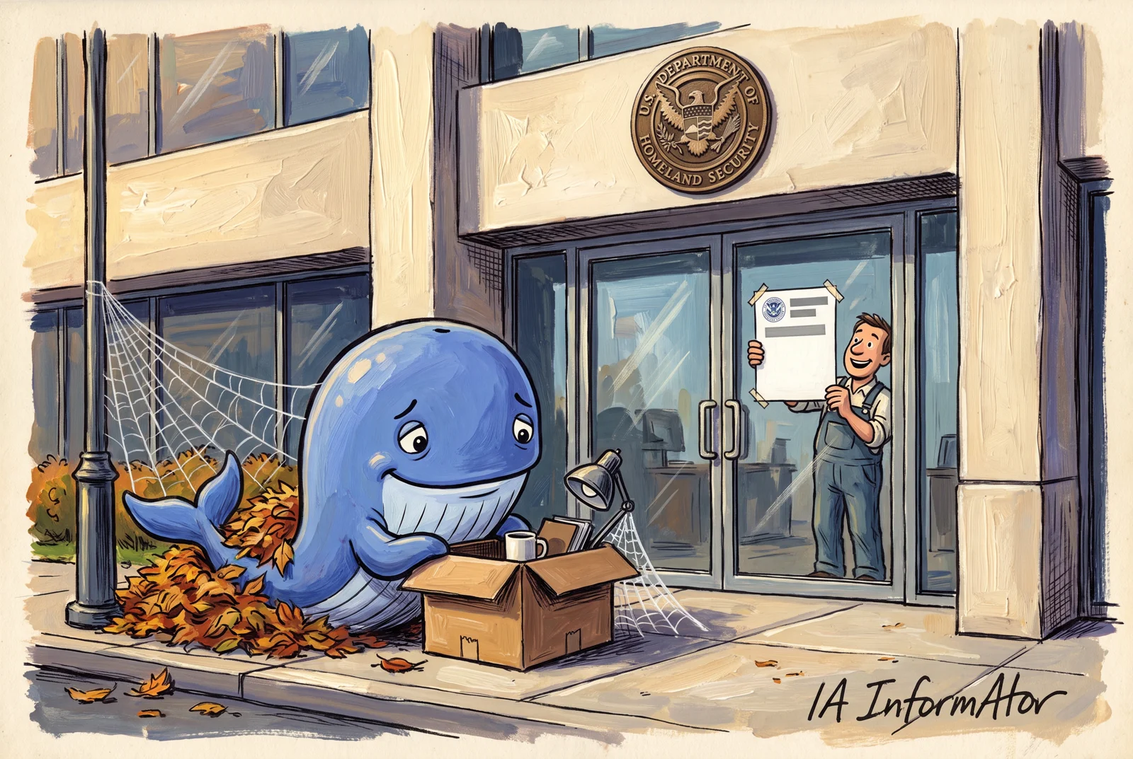 Ilustración: la ballena de DeepSeek, convertida en personaje, espera resignada en la acera ante un edificio federal con el sello del Departamento de Seguridad Nacional, junto a una caja de mudanza y cubierta de hojas de otoño y telarañas, mientras un conserje pega ahora en la puerta el aviso oficial. Representa la orden que la excluyó en julio y que no se ha publicado hasta octubre.
