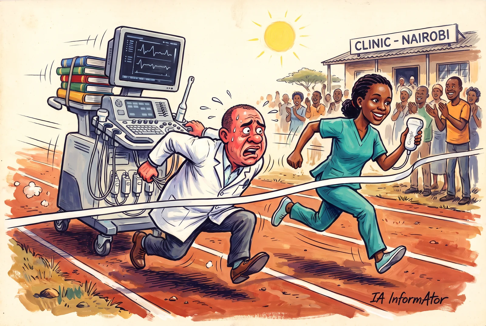 Ilustración: llegada en una pista de tierra roja ante una clínica de Nairobi: un ecografista sudoroso empuja una enorme máquina de ecografía de hospital cargada de libros, mientras una sanitaria con uniforme verde rompe la cinta a la vez que él con una sonda de bolsillo de Google. Representa el estudio en el que personal sin formación de ecografista estimó la edad gestacional con una sonda barata y un modelo de IA.