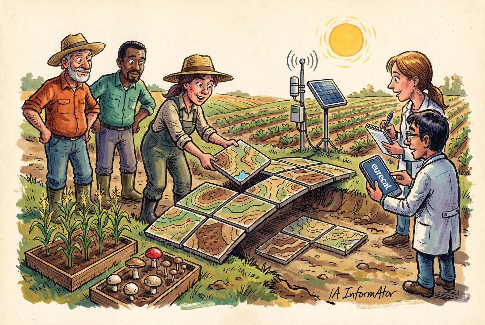 Agricultors i tècnics d’Eurecat componen un pont amb mapes del terreny al costat de cultius i un sensor agrícola.