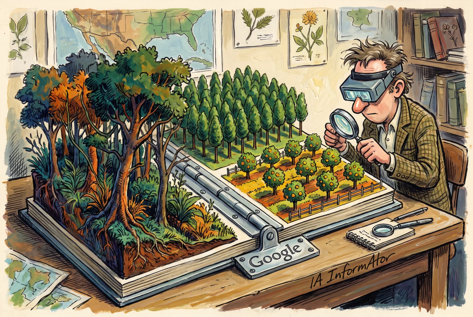 Un home amb visor i lupa examina un llibre desplegable que mostra un bosc divers, fileres d’arbres i un hort; una placa diu «Google».