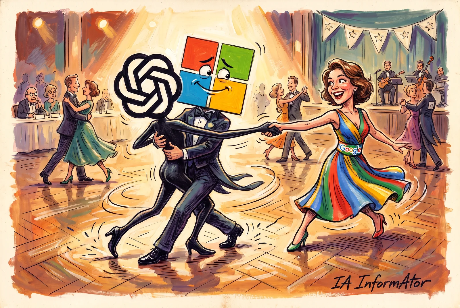 Il·lustració: en una sala de ball, un personatge amb el logotip d'OpenAI per cap balla un tango agafat a un altre amb el logotip de Microsoft, que somriu forçat, mentre amb l'altra mà ja enllaça una ballarina vestida amb els colors de Google. Representa l'arribada dels models d'OpenAI a Google Cloud sense deixar Microsoft.