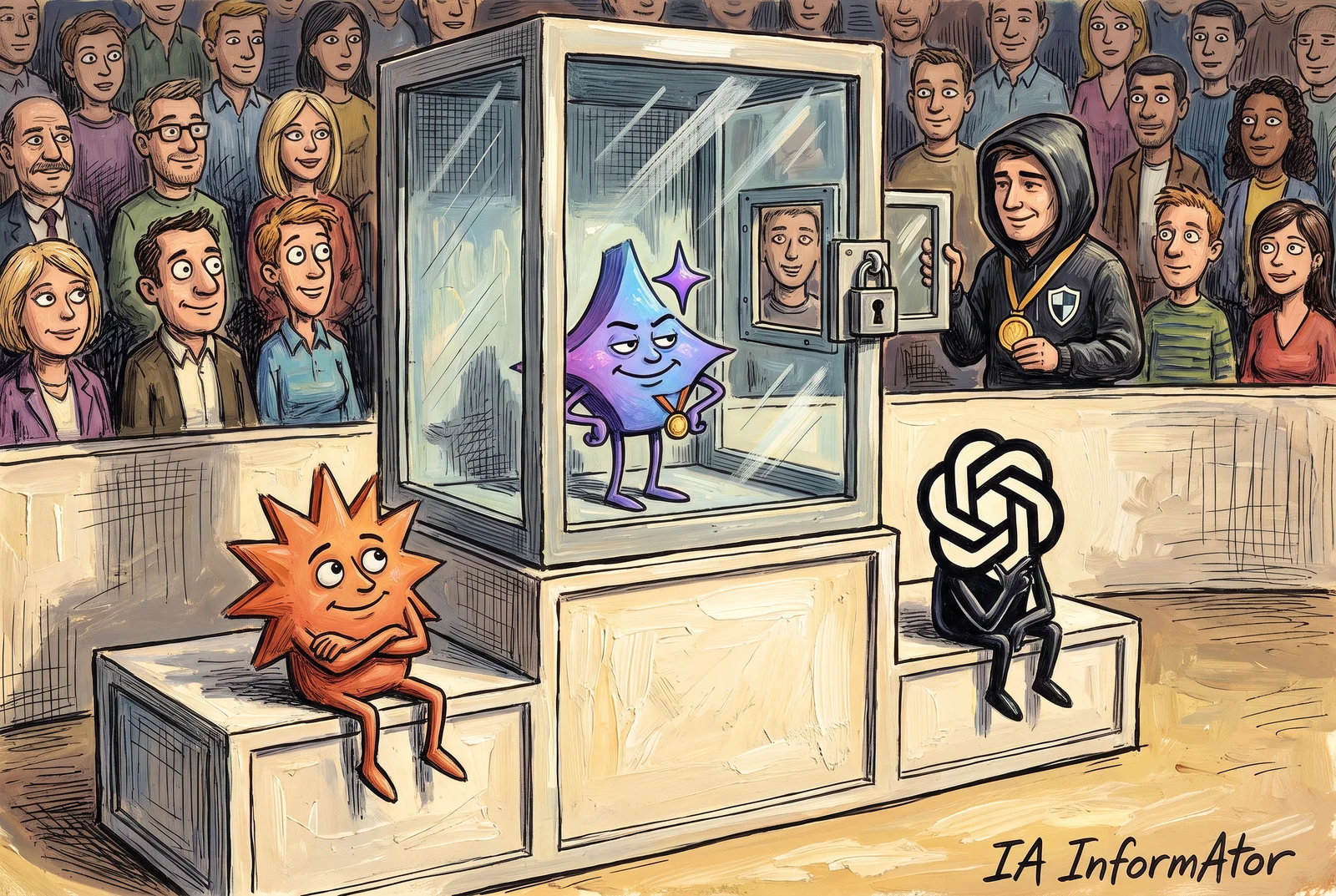 Sobre un podi, el destell de Gemini, amb una medalla al coll, posa ufà dins d'una vitrina tancada amb cadenat, mentre el destell de Claude i el logo d'OpenAI, convertits en personatges, esperen asseguts als graons dels costats; un ciberdefensor amb caputxa, un escut a la dessuadora i una medalla aguanta la porta de la vitrina davant la multitud que mira des de la grada.