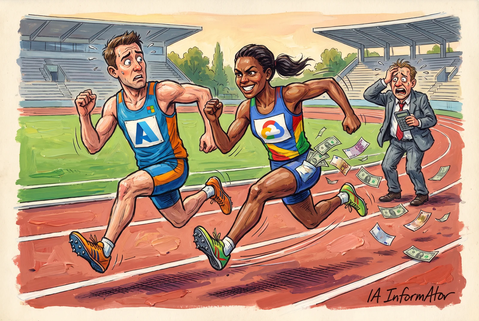 En una pista d'atletisme, una corredora amb la samarreta de Google Cloud corre enganxada, somrient, a un corredor angoixat amb el logo d'Azure, mentre va deixant anar bitllets pel camí i, al fons, un home amb vestit i una calculadora es porta la mà al cap.