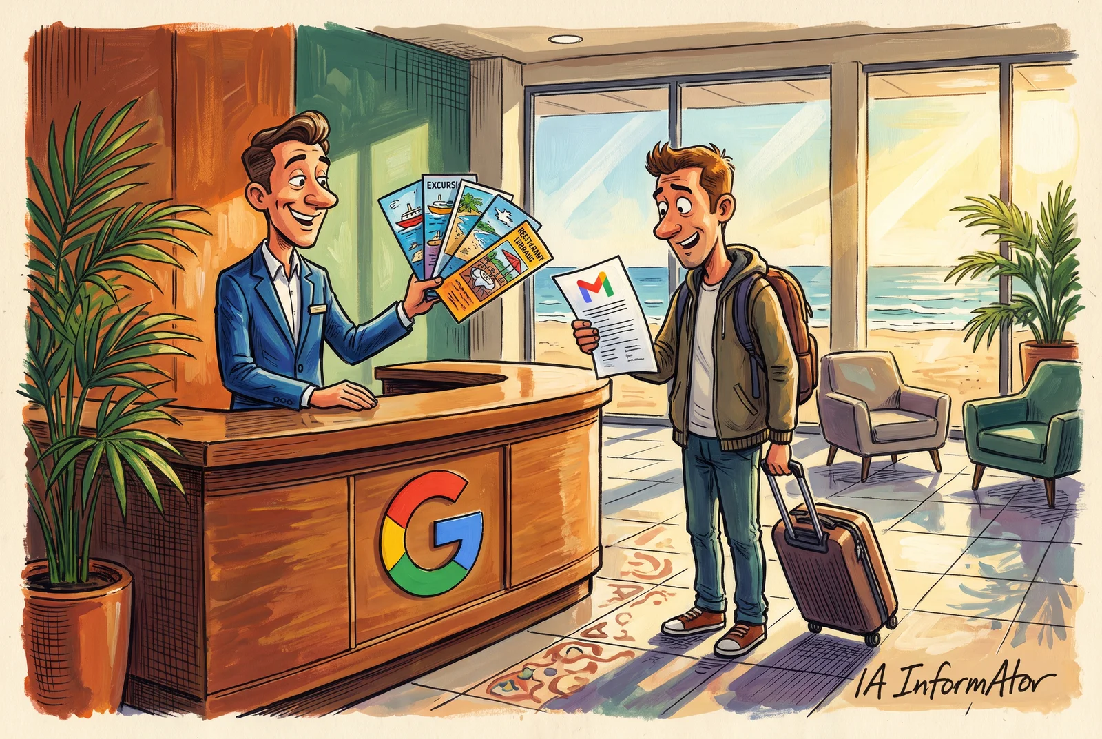 A la recepció d'un hotel vora el mar, amb la G de Google al taulell, un conserge ofereix fullets d'excursions a un viatger que sosté la confirmació de la seva reserva de Gmail.