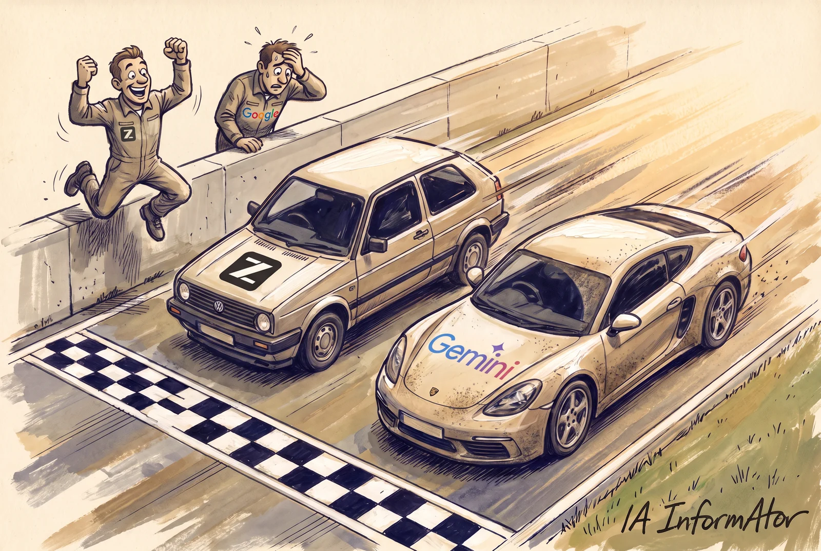 Ilustración: en la línea de meta de un circuito, un utilitario viejo con el logotipo de Z.ai adelanta a un deportivo con el de Gemini; tras el muro, un mecánico de Z.ai salta de alegría y otro de Google se lleva las manos a la cabeza. Representa el resultado de Harness²: con el arnés mejorado, GLM-5 supera a Gemini 3.5 Flash con su arnés de base.