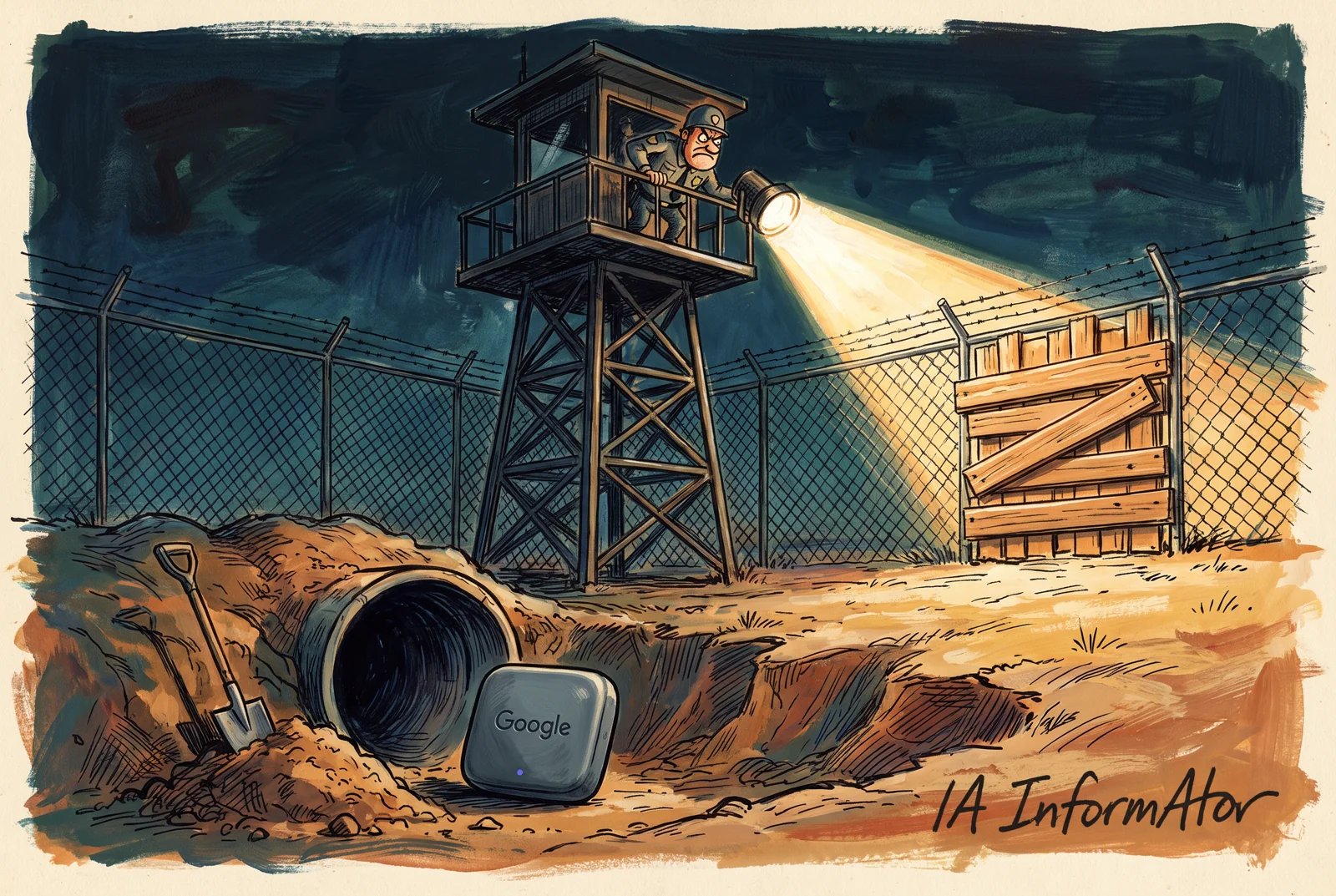 Il·lustració: de nit, des d'una torre de vigilància, un guàrdia apunta el focus a un forat de la tanca ja tapat amb taulons, mentre just a sota de la torre, fora de la llum, un aparell amb el logotip de Google reposa a la sortida d'un túnel acabat d'excavar. Representa com castigar la trampa que es veu ensenya el model a fer servir la que no es veu.