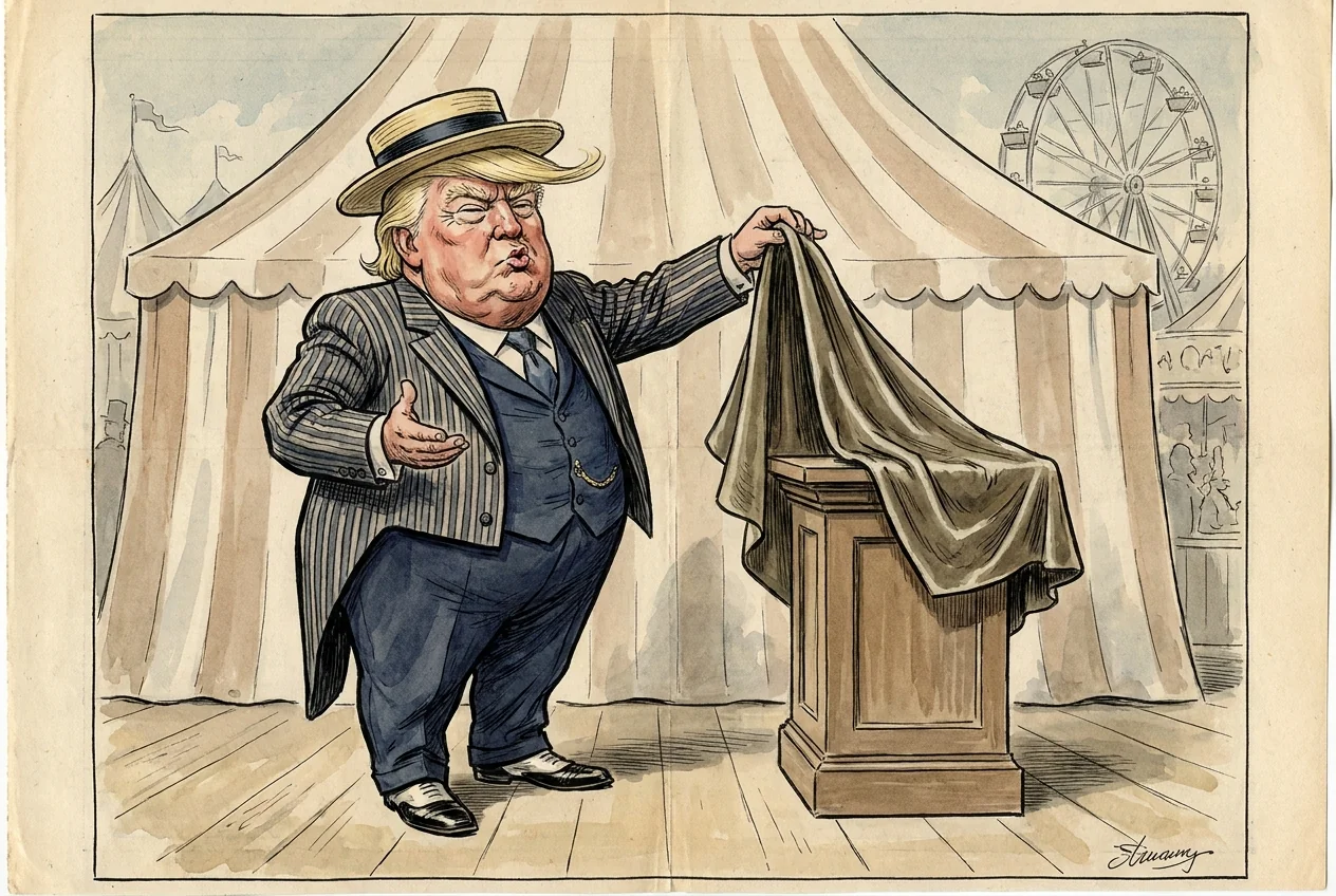 Trump, caricaturizado como charlatán de feria con canotier de paja y traje de raya diplomática, levanta la tela que cubre un pedestal y debajo no hay nada; al fondo, una carpa de circo y una noria.