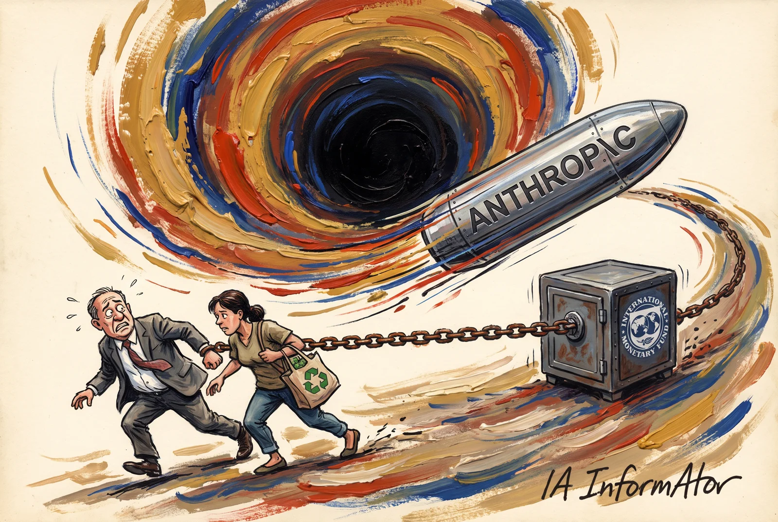 Ilustración: una cápsula plateada con la marca de Anthropic se lanza hacia un remolino oscuro y arrastra con una cadena una caja fuerte con el emblema del FMI, mientras un hombre de traje y una mujer con una bolsa de la compra tiran en sentido contrario.