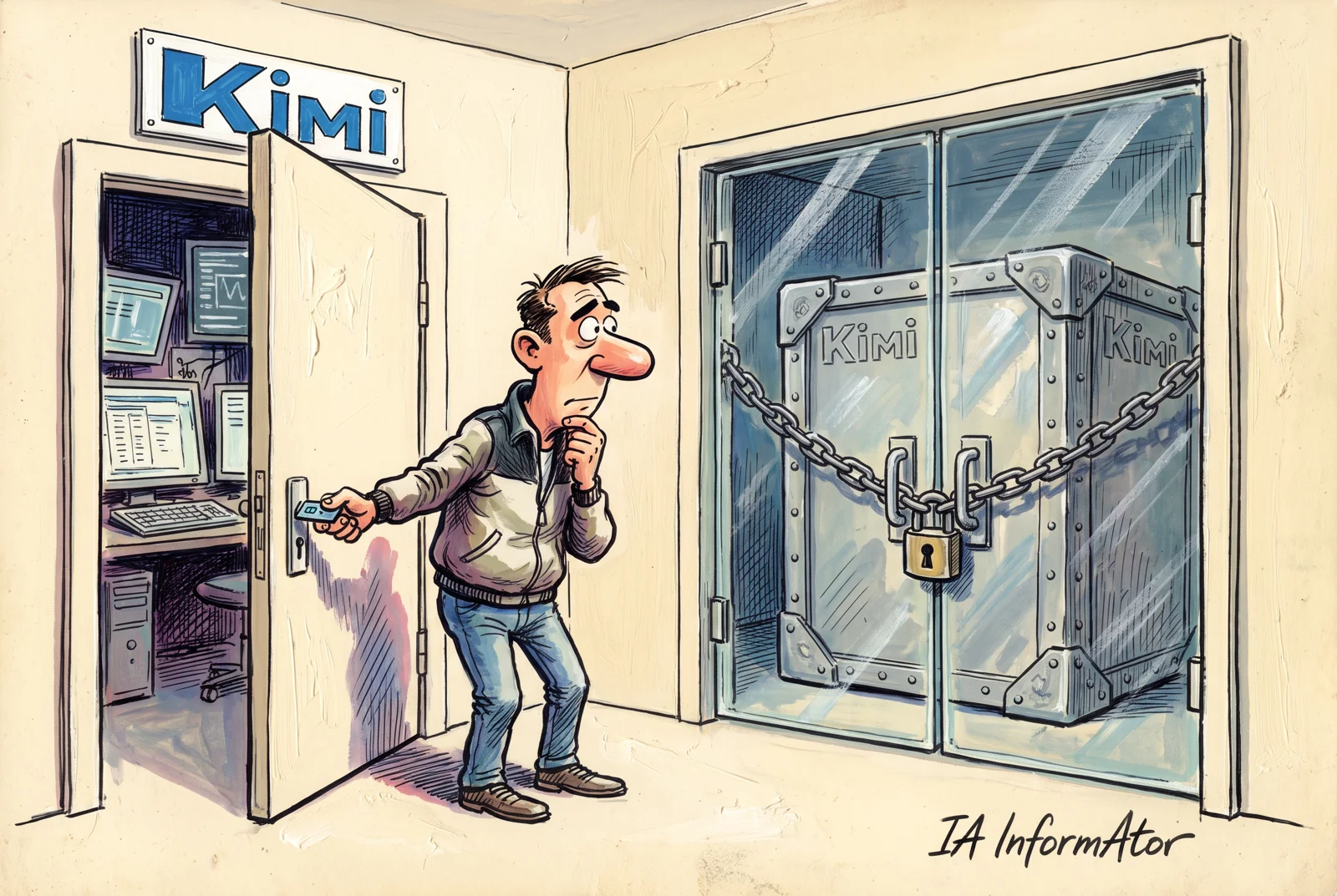 Un usuari accedeix a la sala de Kimi mentre una altra porta manté una caixa de la marca tancada amb cadenes.