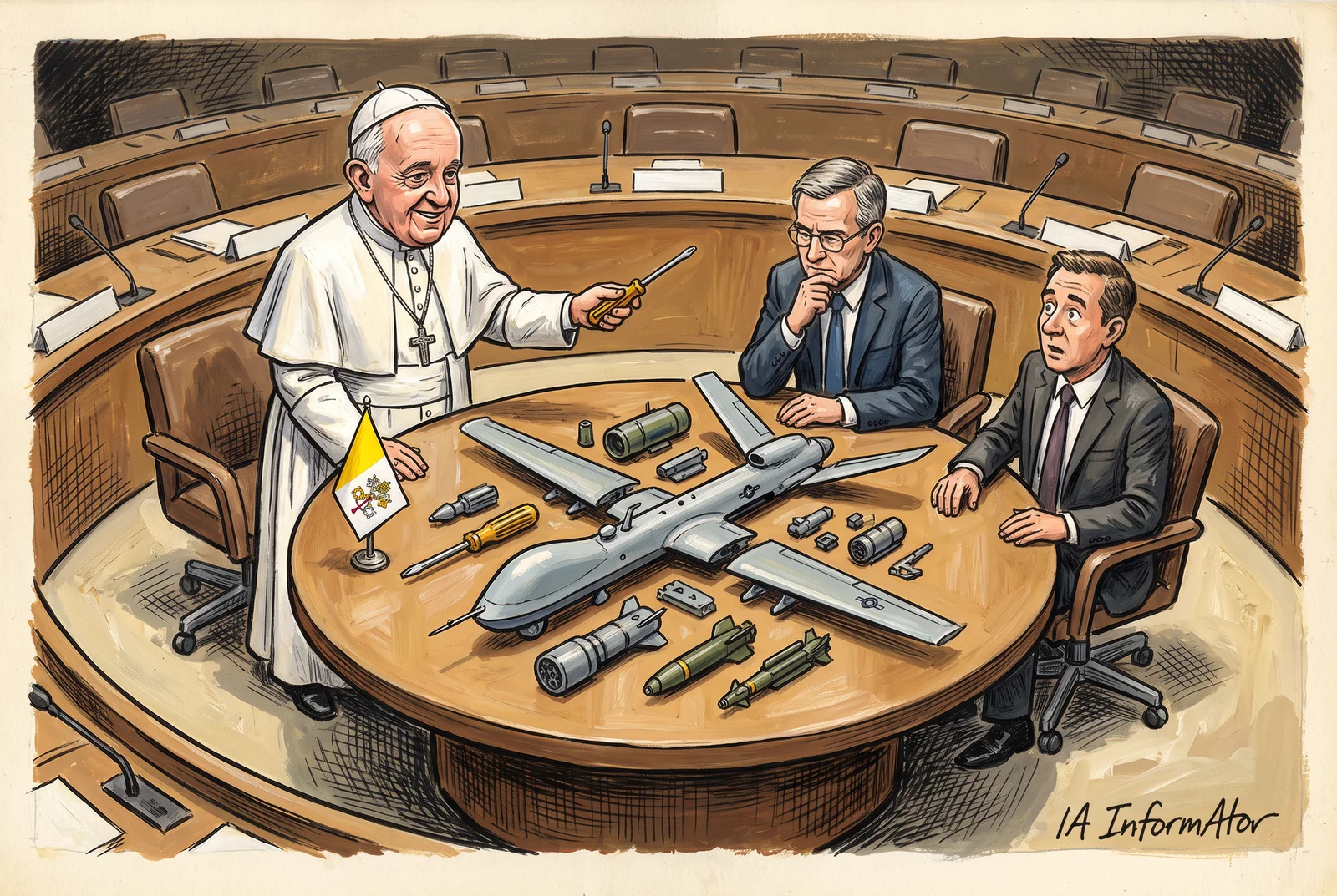 En una sala de reunions amb els escons en ferradura, el Papa, dret al costat d'una banderola del Vaticà, sosté un tornavís davant d'una taula rodona on ha desmuntat peça a peça un dron militar —ales, míssils i cargols—, mentre dos diplomàtics amb vestit el miren, un de pensatiu i l'altre amb els ulls com taronges.