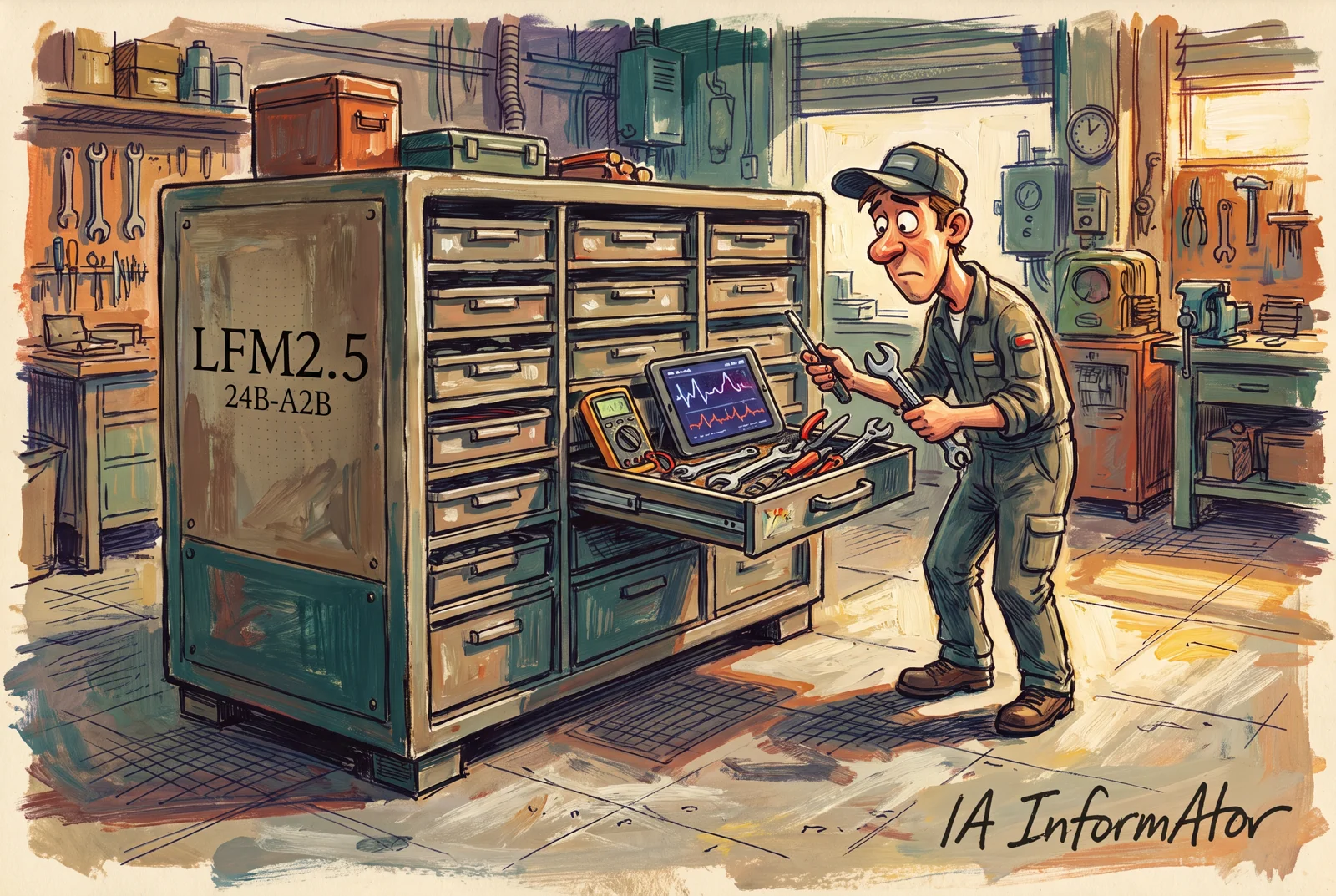 Ilustración de un mecánico que abre un cajón con herramientas y una pantalla en un armario marcado LFM2.5.