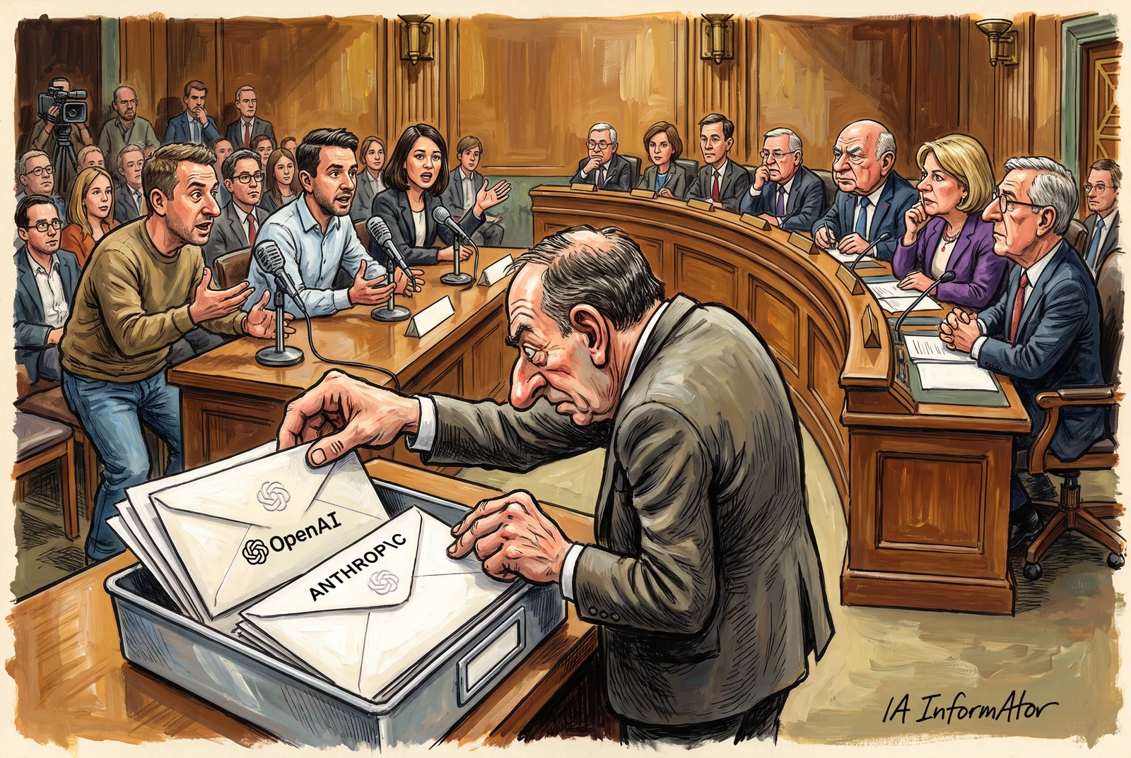 Ilustración de una audiencia parlamentaria: un hombre ordena sobres de OpenAI y Anthropic mientras varios testigos hablan ante una comisión.