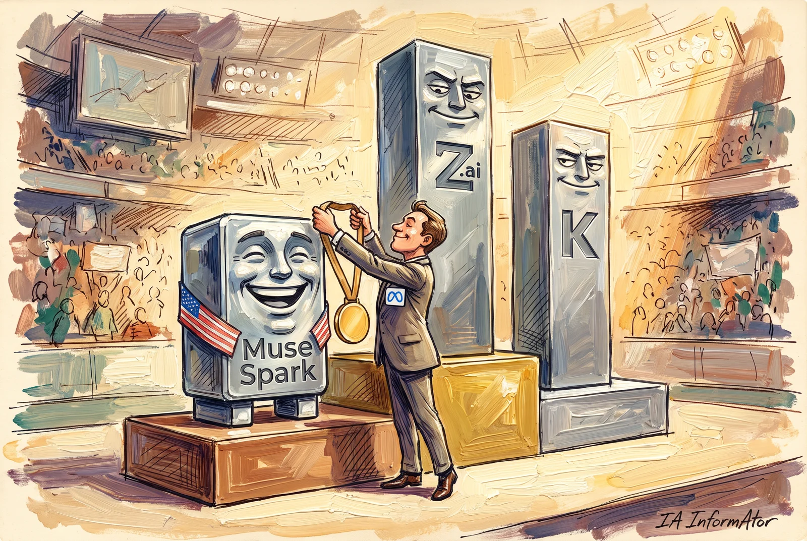 Ilustración: un directivo de Meta cuelga una medalla de oro a un bloque sonriente rotulado Muse Spark, con banda de barras y estrellas, en el escalón más bajo de un podio cuyos dos puestos superiores ocupan los bloques de Z.ai y Kimi.