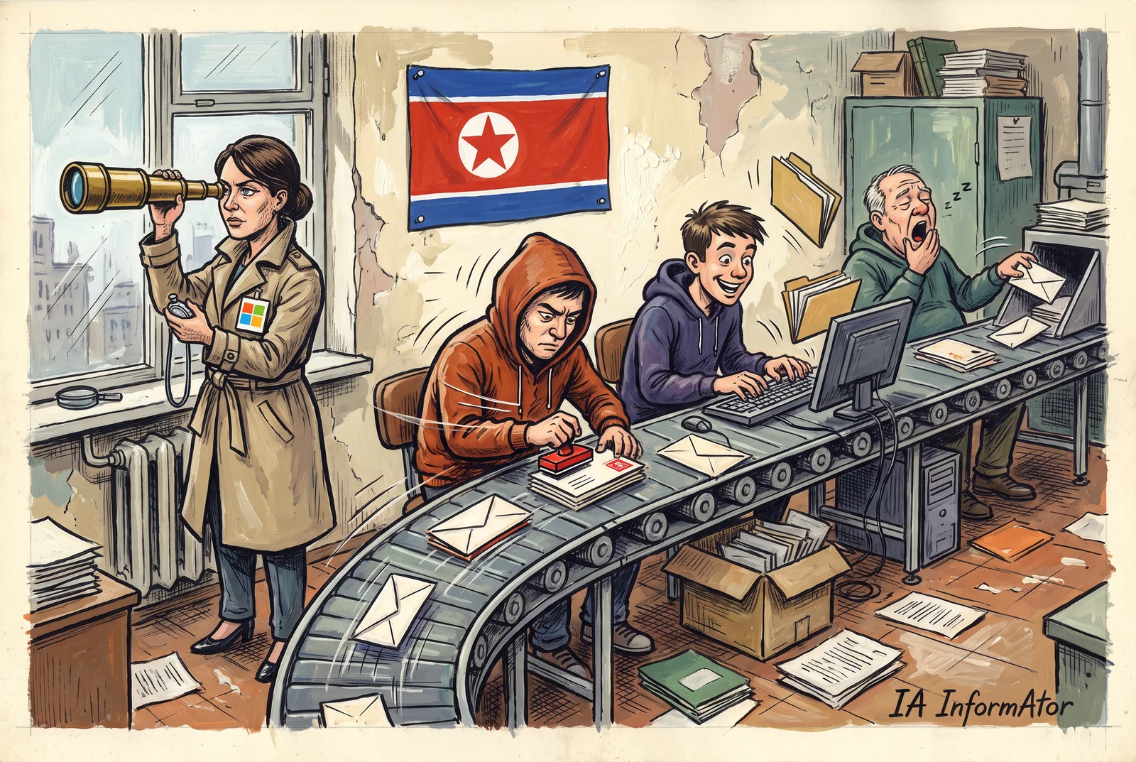 En una oficina desconchada con la bandera de Corea del Norte en la pared, una cinta transportadora saca a toda prisa sobres y documentos: un joven con capucha los sella, otro teclea entusiasmado en su ordenador y un hombre mayor bosteza junto a una impresora; al lado de la ventana, una analista con gabardina y el logo de Microsoft los vigila con un catalejo y un cronómetro en la mano.