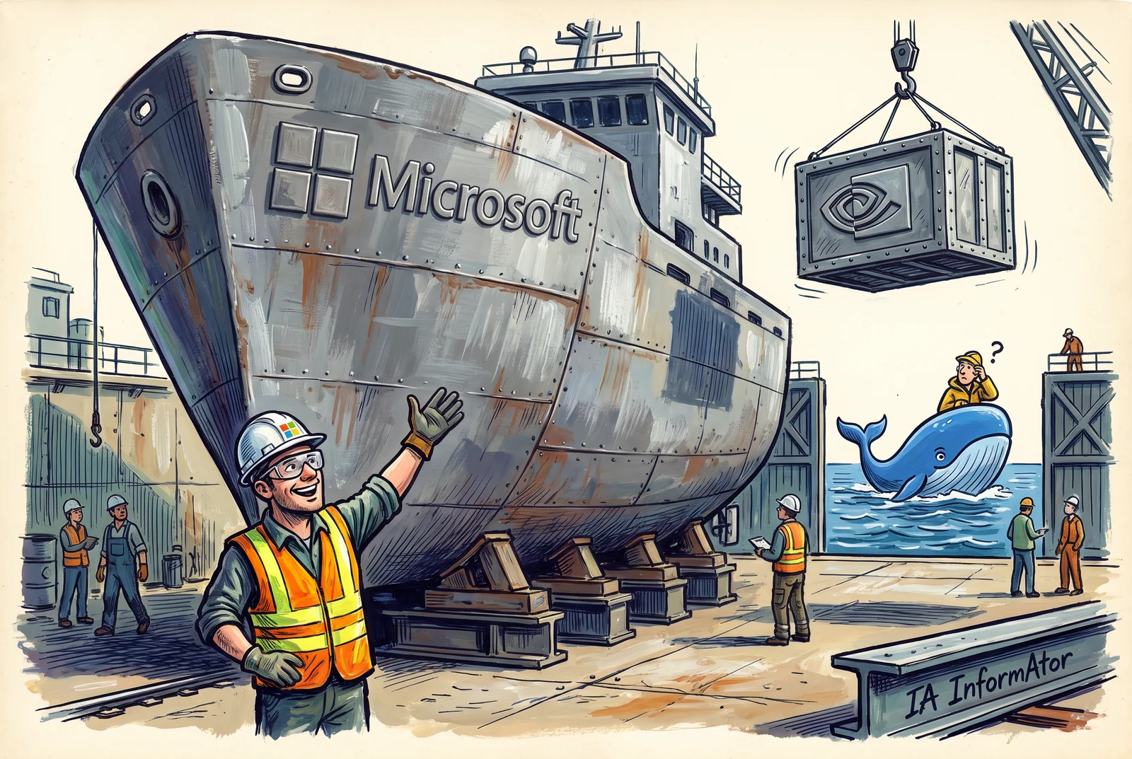 Ilustración: en un astillero, un casco de barco enorme y sin terminar con el logotipo de Microsoft descansa en dique seco mientras una grúa sube un contenedor con el símbolo de Nvidia y, al fondo, una ballena ya navega fuera de la compuerta.
