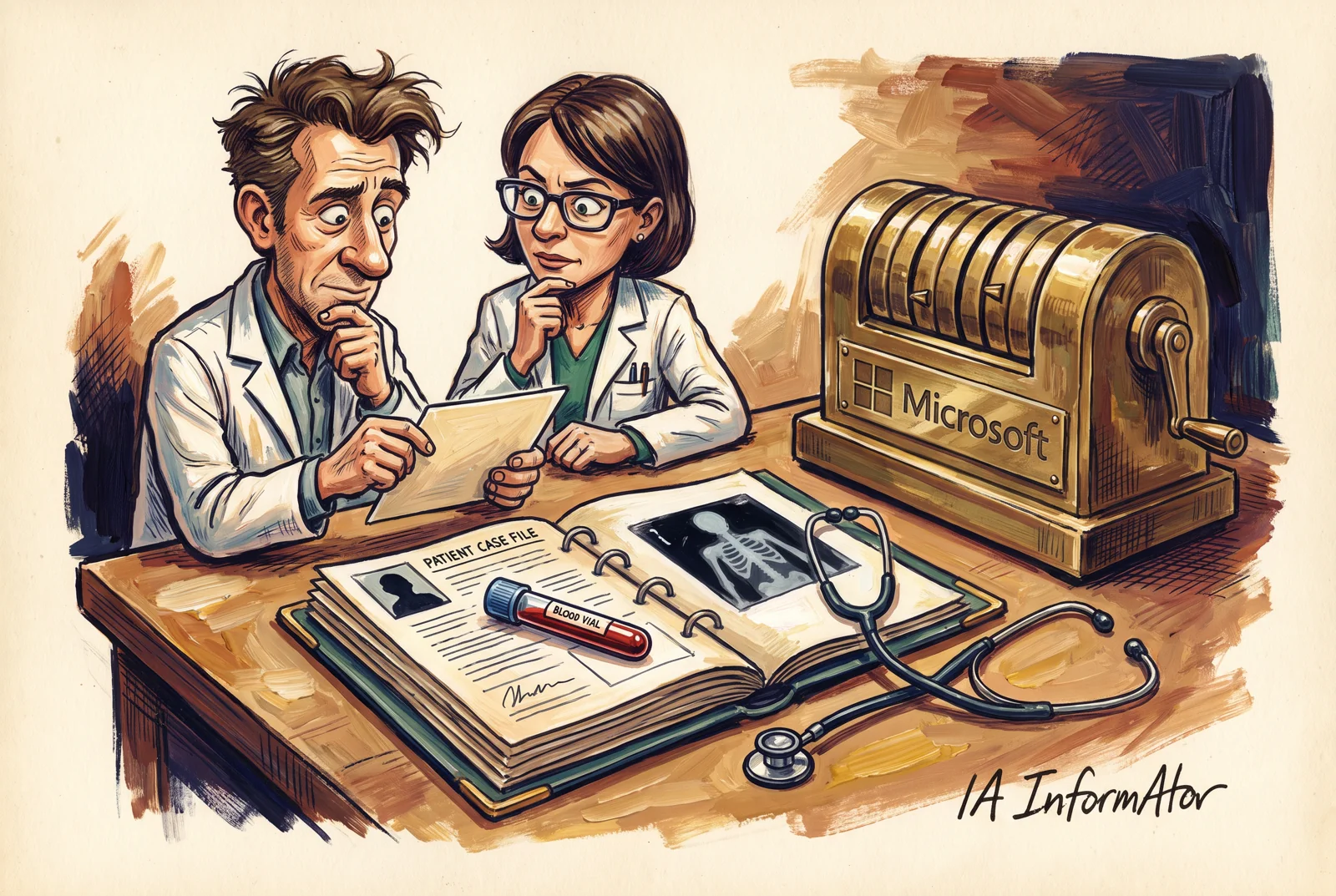 Dos personas con bata consultan documentos junto a una máquina de manivela con la marca Microsoft y un expediente con radiografía, muestra de sangre y estetoscopio.