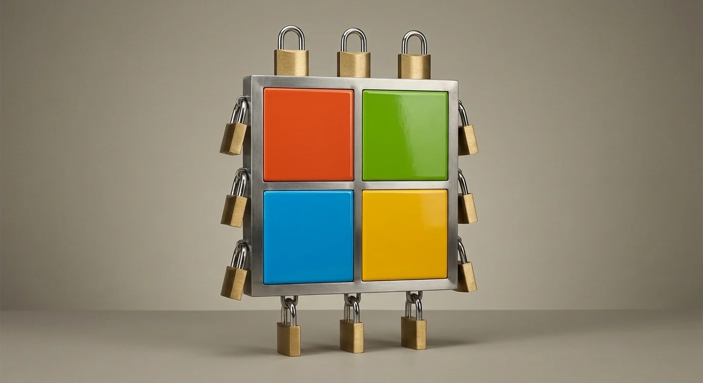El logotipo de Microsoft, con sus cuatro cuadrados de colores, encajado en un marco metálico del que cuelgan candados de latón cerrados por los cuatro lados.