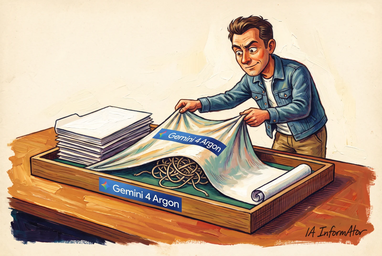 Il·lustració d’un home que estén una manta sobre documents, un cordó i un rotlle de paper dins d’una safata Gemini 4 Argon.