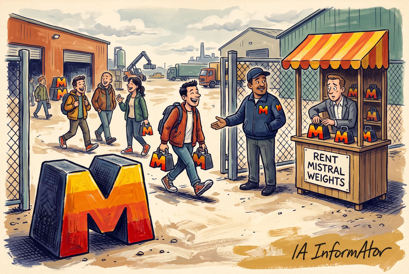 A la sortida d'un recinte industrial, un guarda amb la jaqueta de Mistral dona pas somrient a un grup de joves que s'emporten, contents, peses amb la M de Mistral, mentre en una parada amb tendal i el cartell «RENT MISTRAL WEIGHTS» un home amb vestit els mira amb cara de preocupació; en primer pla, una gran M amb els colors de Mistral.
