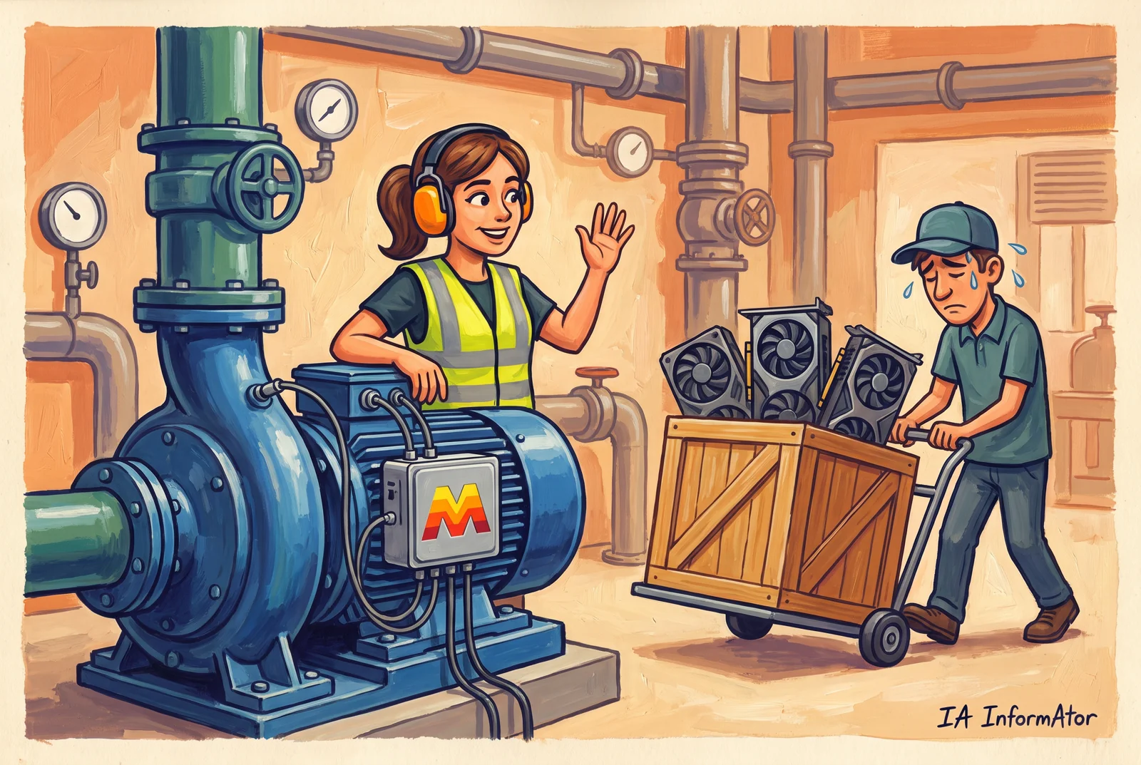 Il·lustració: una enginyera de planta saluda al costat d'una bomba industrial connectada a una capseta amb la M de Mistral, mentre un repartidor suat s'emporta una caixa plena de targetes gràfiques.