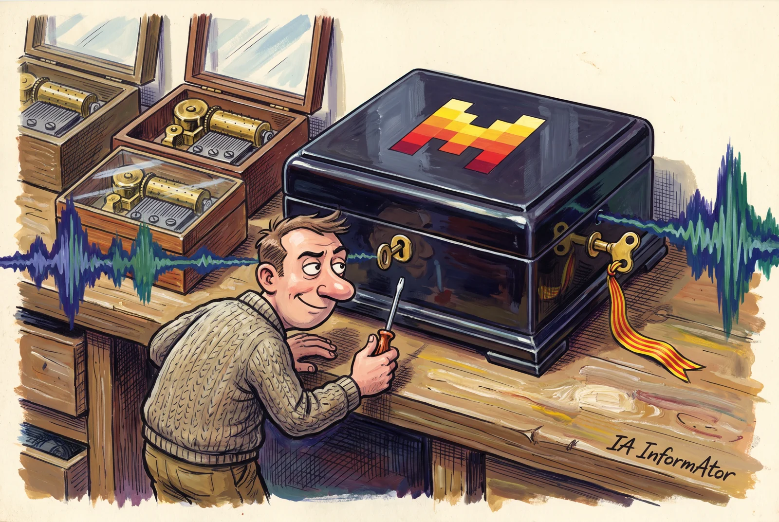Ilustración: sobre un banco de taller, unas cajas de música con tapa de cristal dejan ver su mecanismo, mientras la nueva, lacada en negro, con el logotipo de Mistral y cerrada con llave, deja entrar y salir ondas de sonido; de su llave cuelga un lazo con la senyera y un aficionado con un destornillador la mira con curiosidad. Representa Voxtral 3, que entiende y habla catalán pero, a diferencia de versiones anteriores, se publica sin pesos abiertos.
