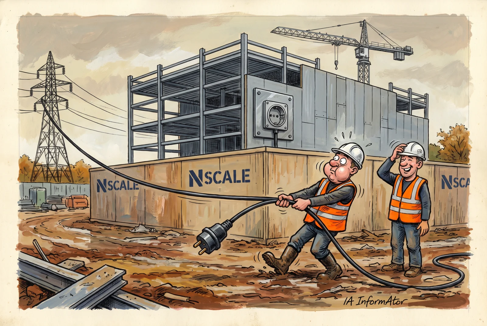 Il·lustració: a l'obra d'un centre de dades de Nscale a mig construir, amb una grua aturada al fons, un operari amb armilla taronja estira amb totes les seves forces un cable gruixut que arriba des d'una torre elèctrica, però l'endoll es queda curt davant la presa de la façana mentre un company es grata el casc. Representa el centre de Loughton, al qual la xarxa elèctrica podria no donar llum fins al 2030.